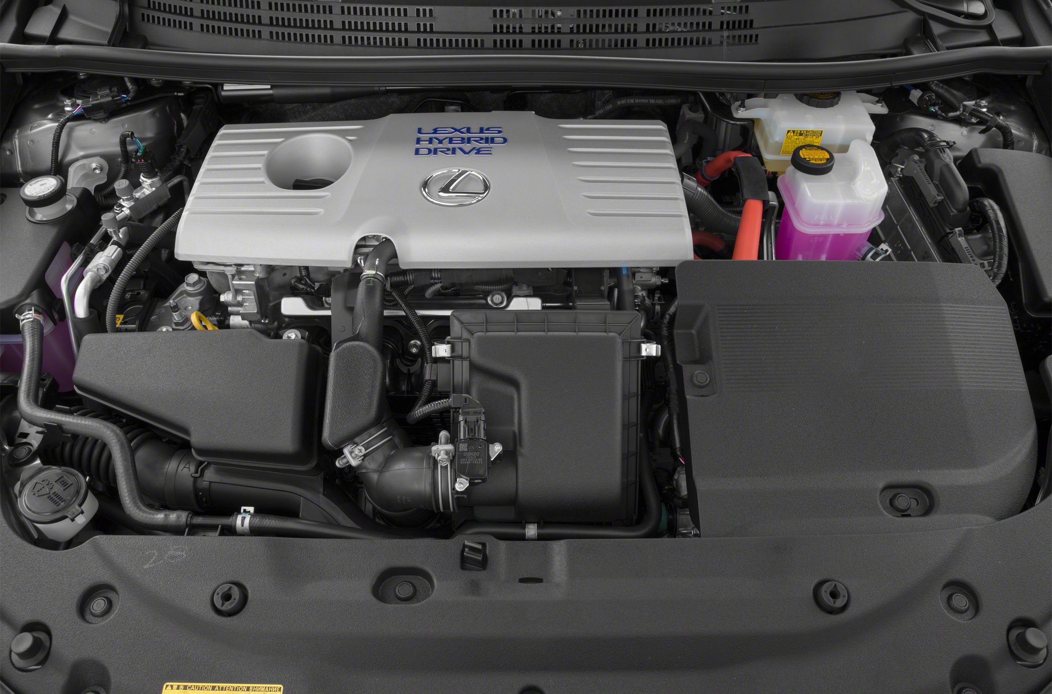 Hybrid drive engine bay with Lexus branding and hybrid components.