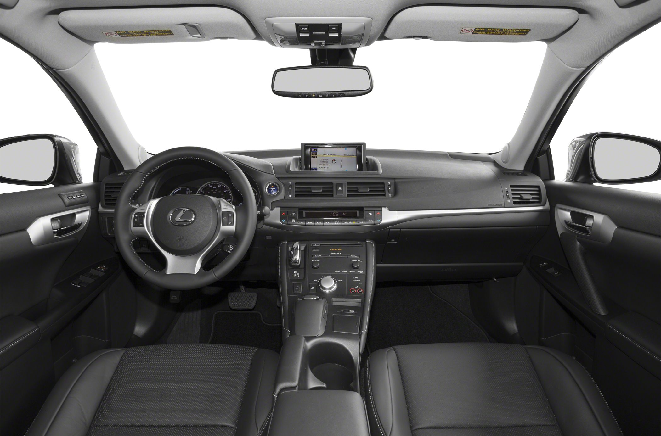 Dashboard, steering wheel, and infotainment console view