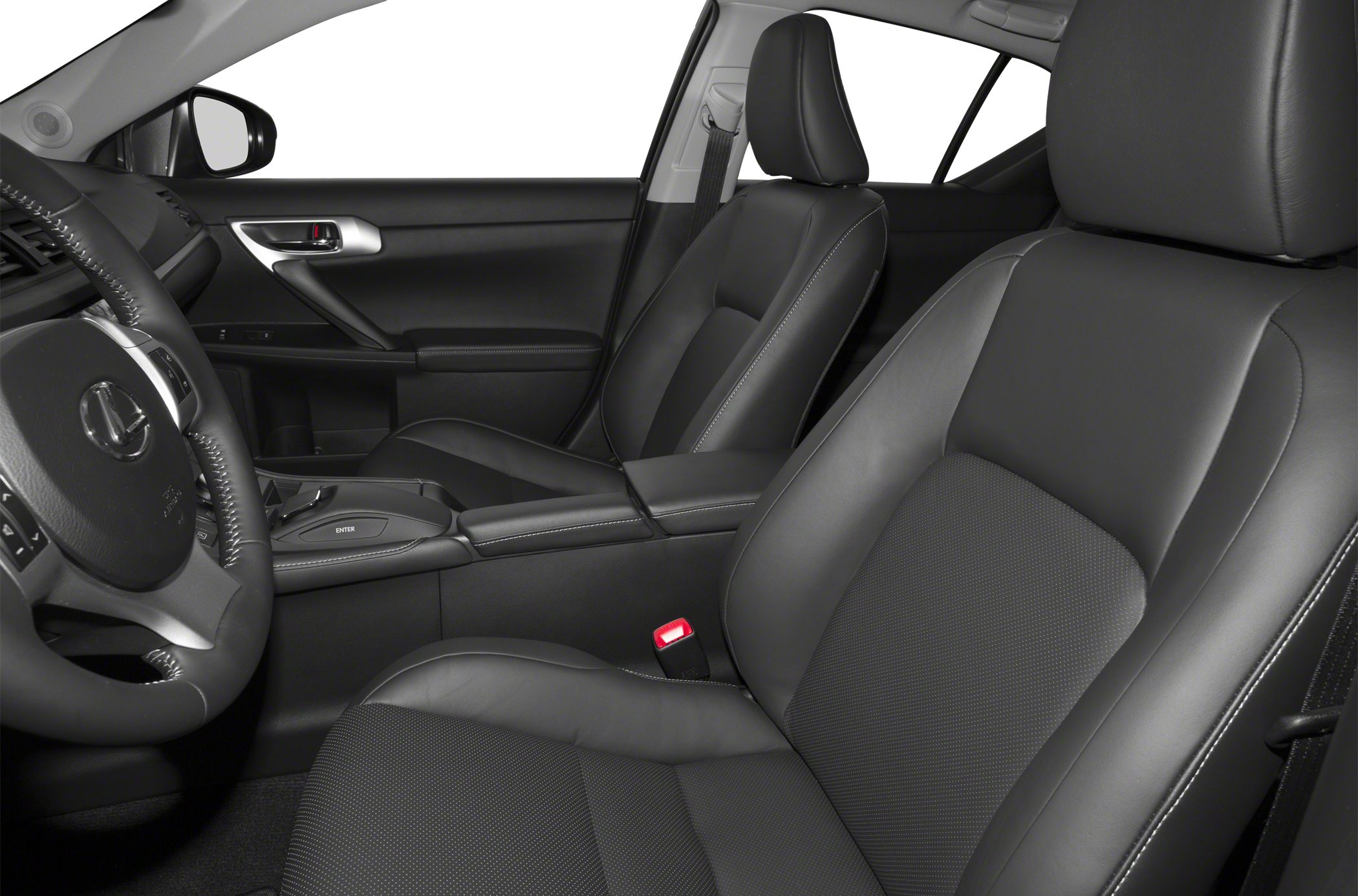 Black leather front seats with detailed stitching and ergonomic dashboard