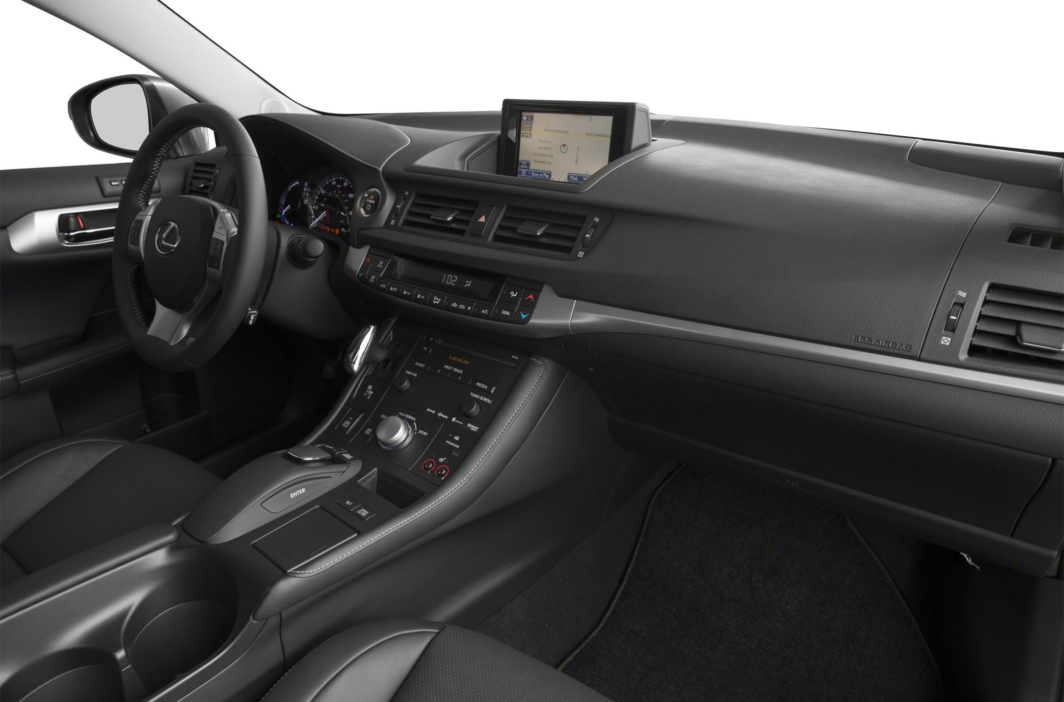 Dashboard and center console with infotainment and control interfaces