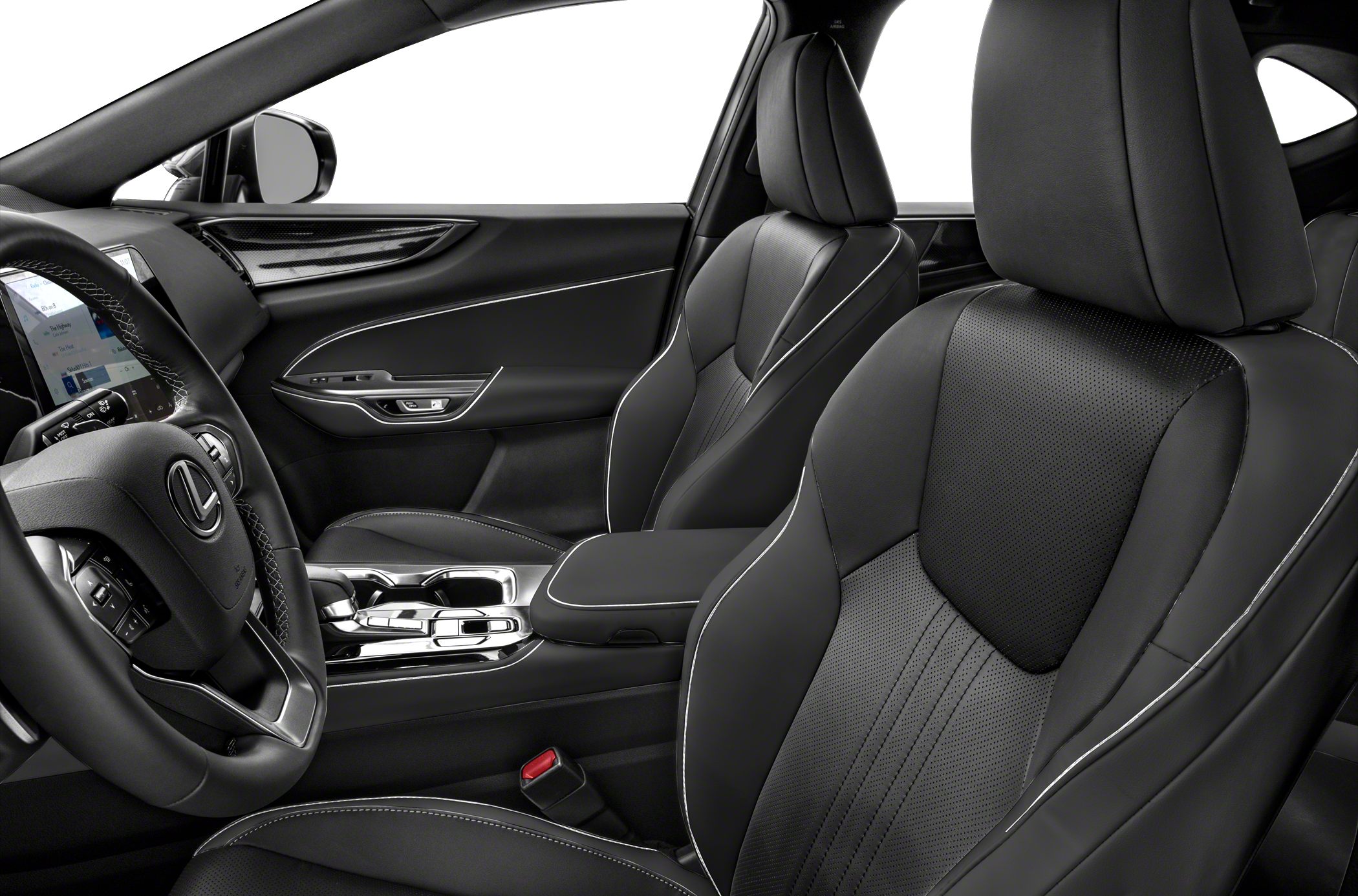 Black leather seats with white stitching and advanced dashboard and center console