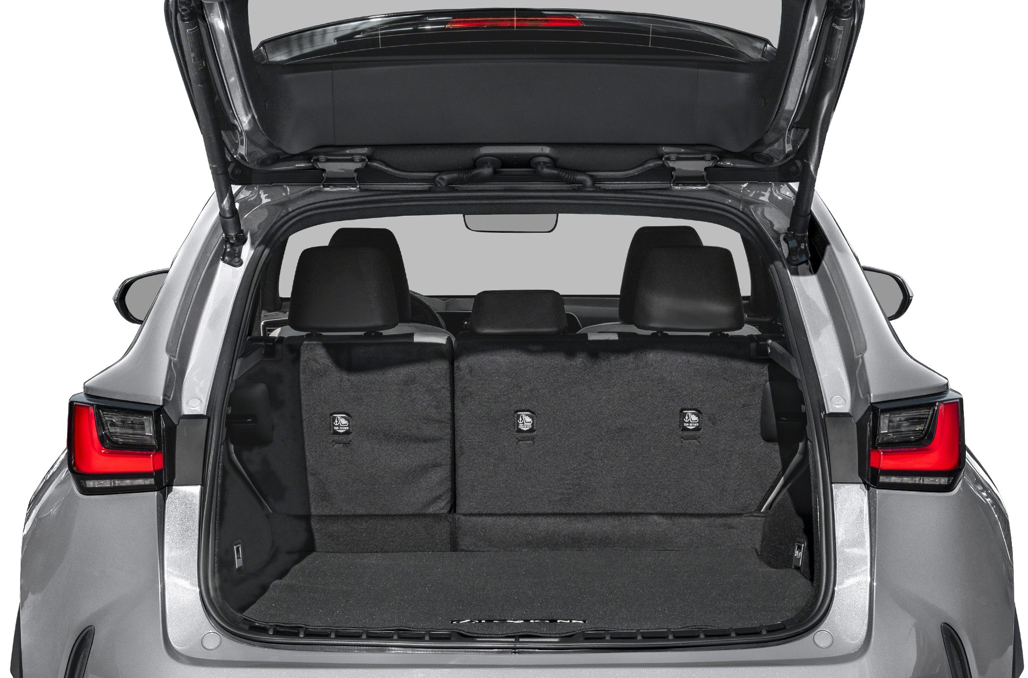 Wide rear cargo space with back seats and open hatch