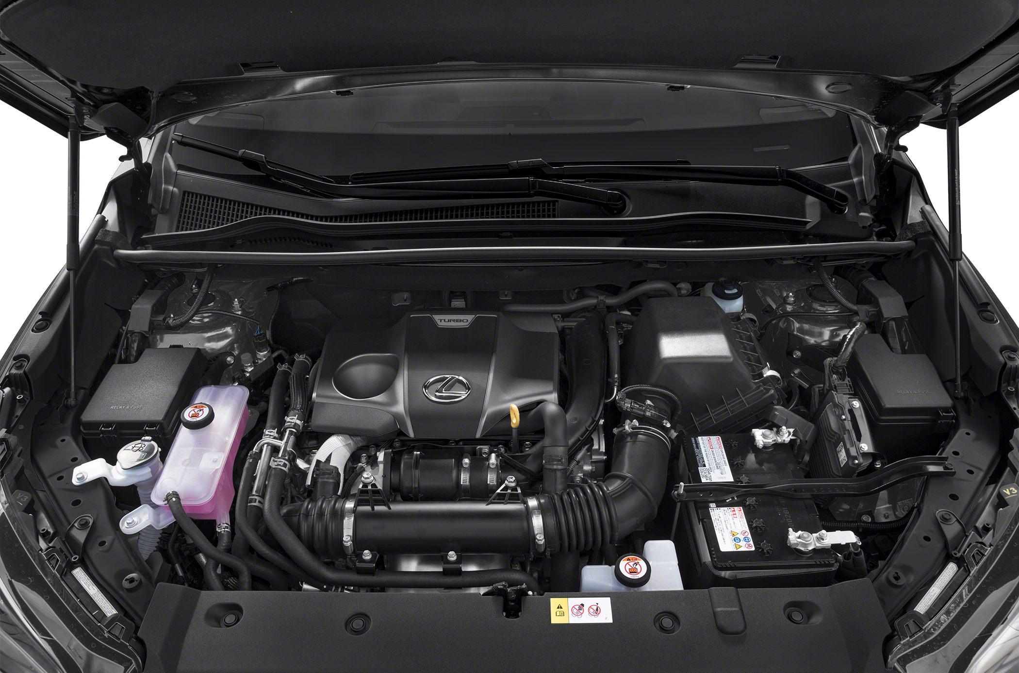 Turbocharged engine bay with cover and fluid reservoirs