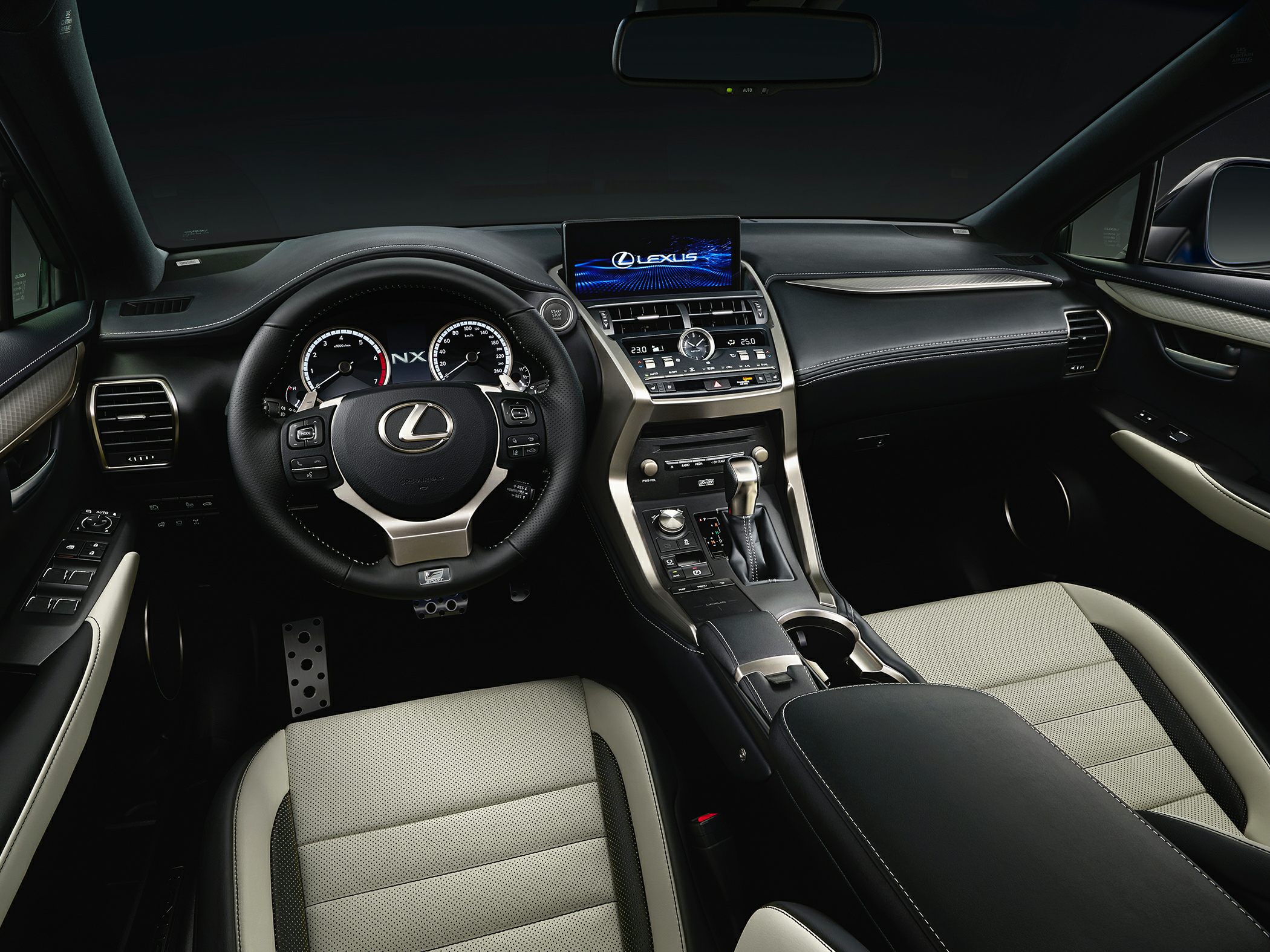 Interior dashboard and steering wheel with control buttons and infotainment screen