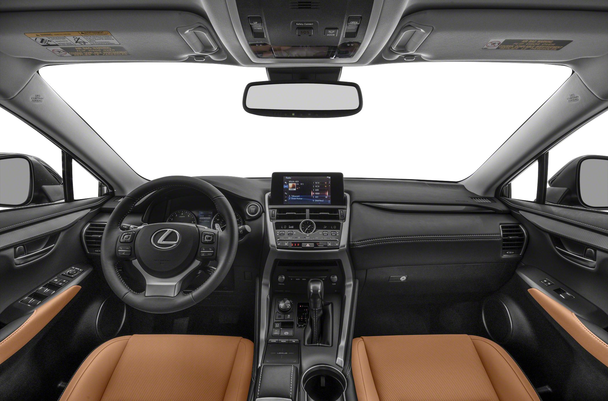 Luxury interior with dashboard, steering wheel, touchscreen and premium seats