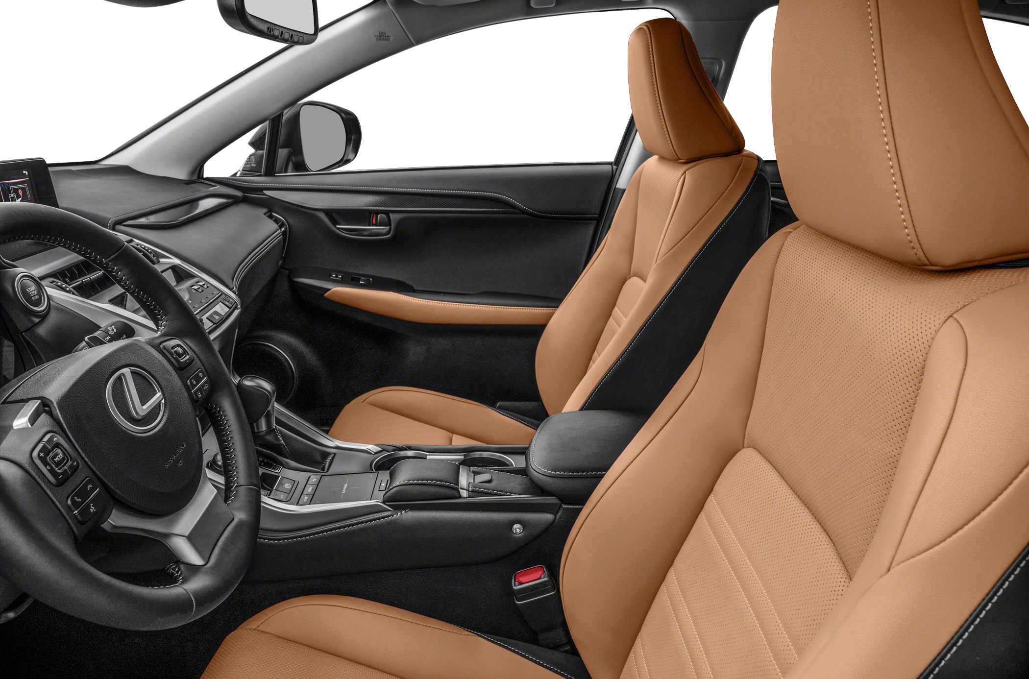 Luxury black dashboard and tan leather seats with steering wheel