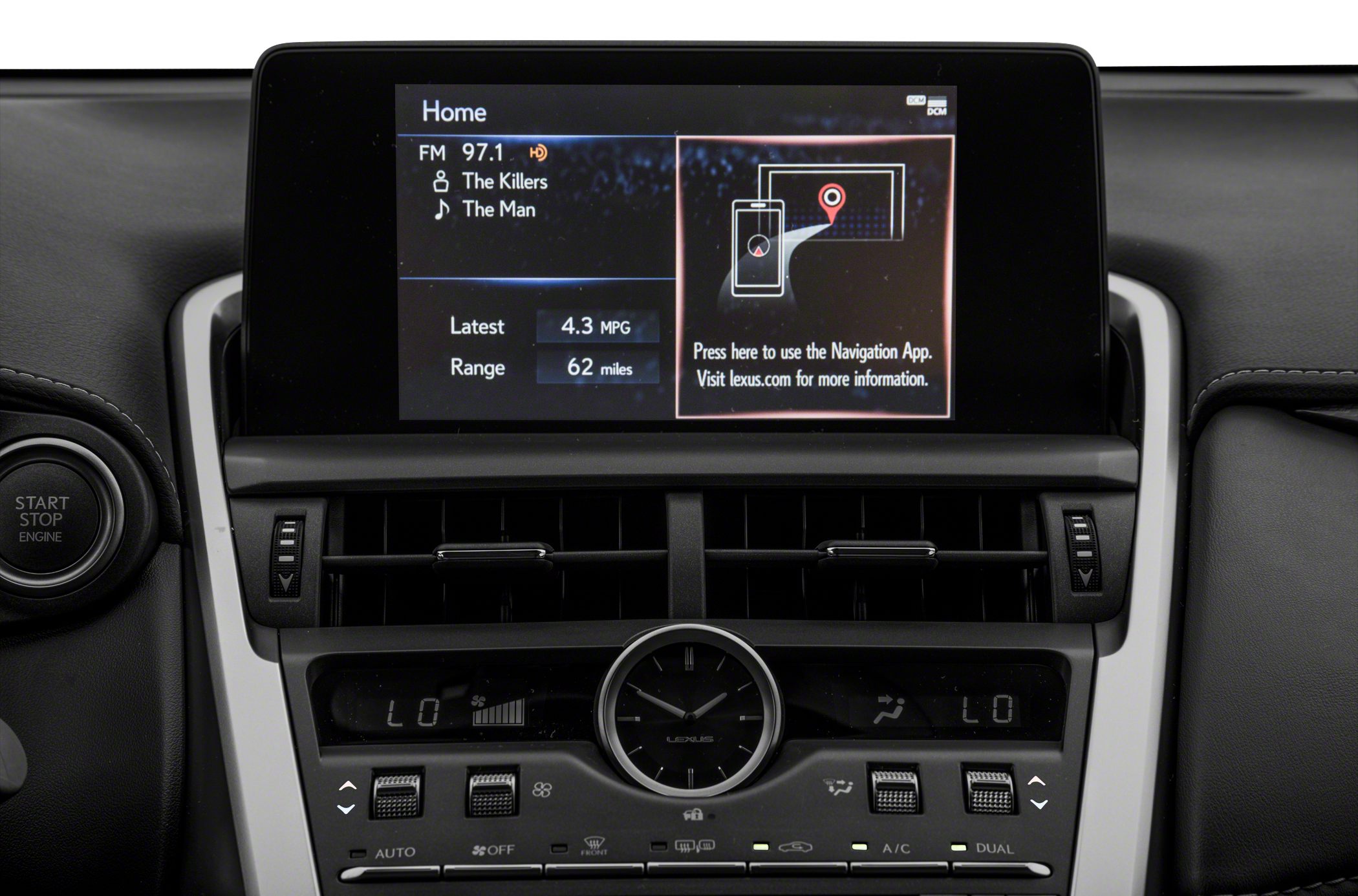 Infotainment screen with navigation app and dual-zone climate control panel with analog clock