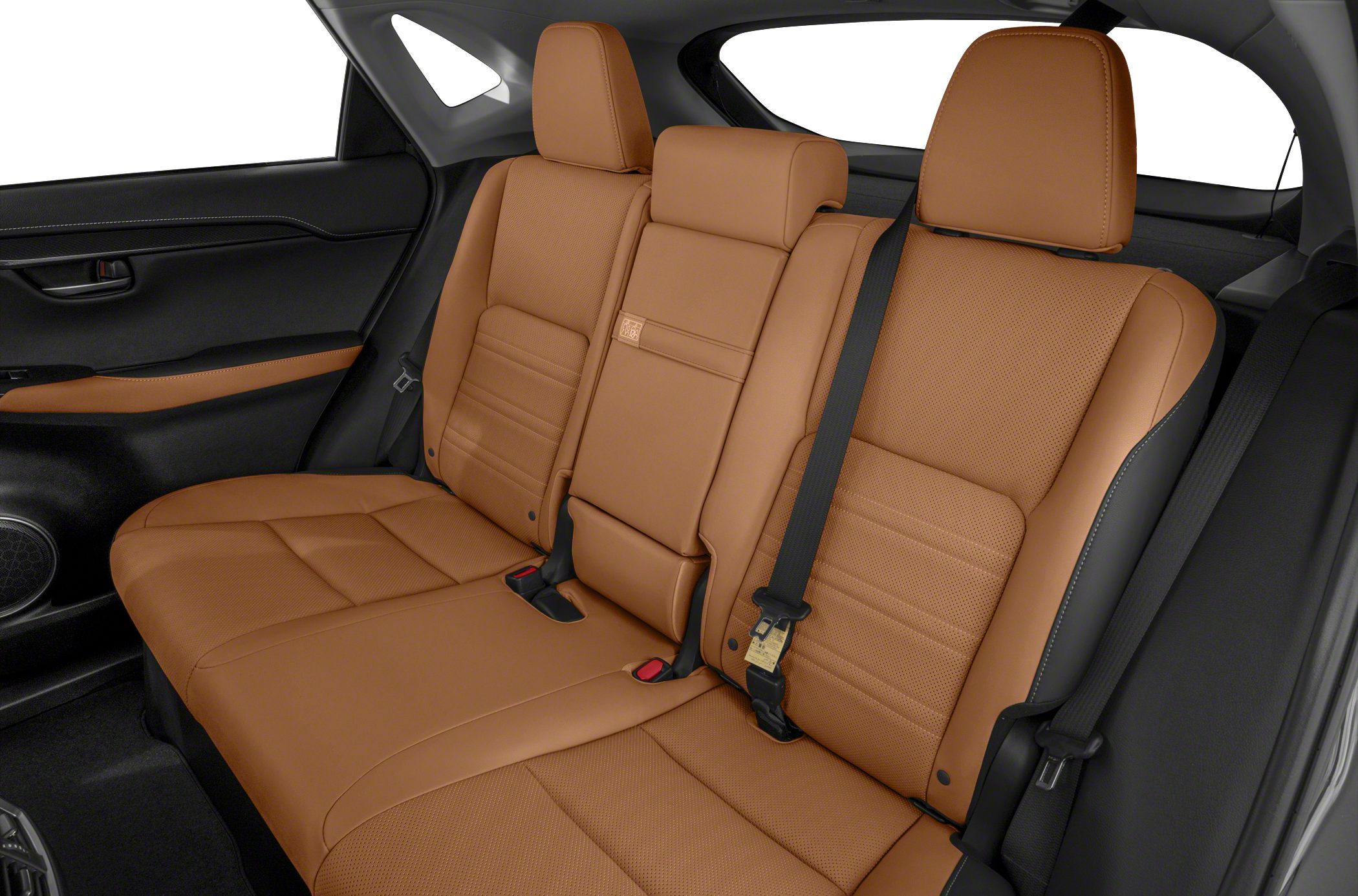 Tan leather rear seats with seat belts and detailed stitching