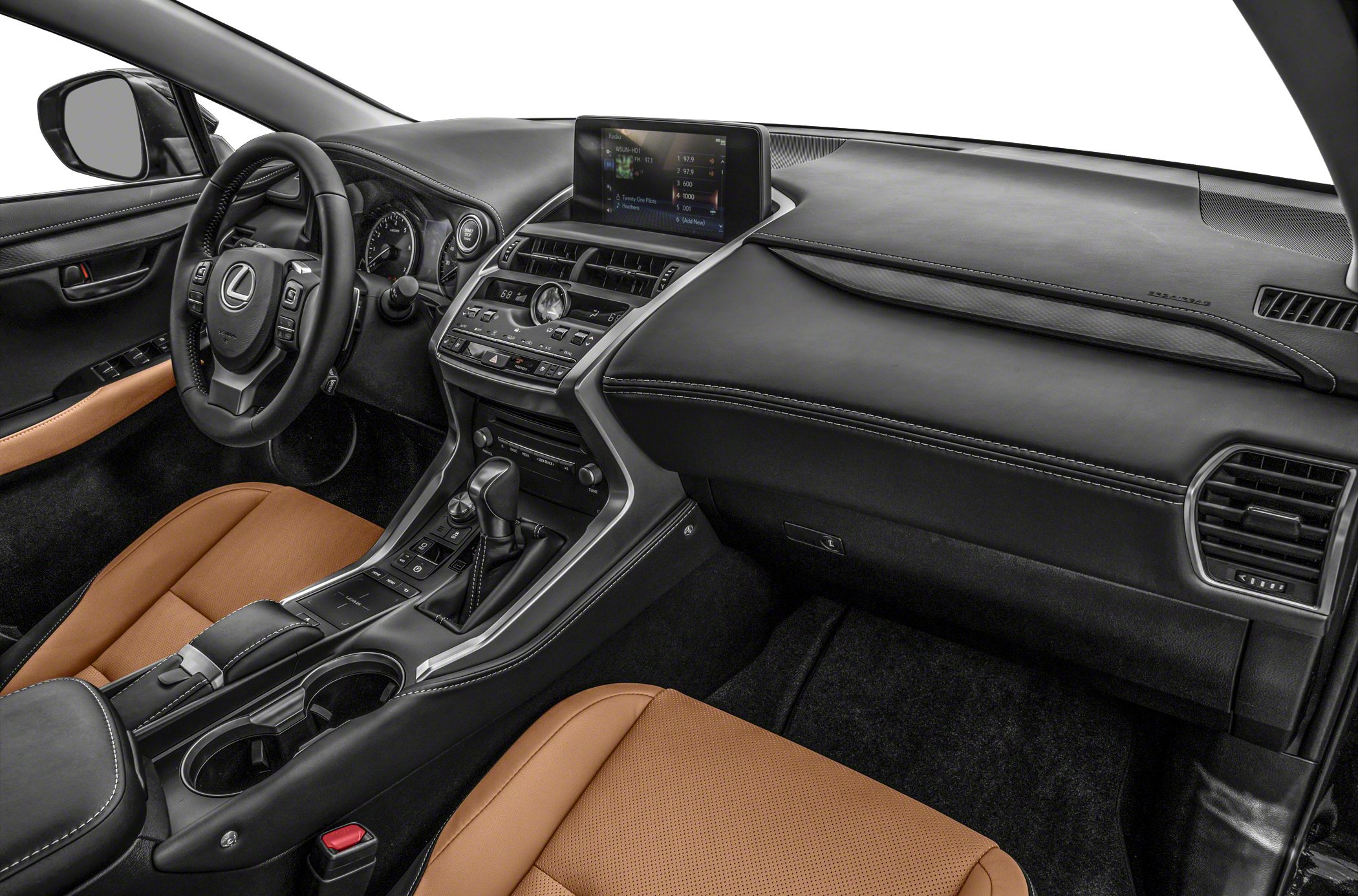 Interior dashboard with infotainment, steering wheel, center console, and leather seats