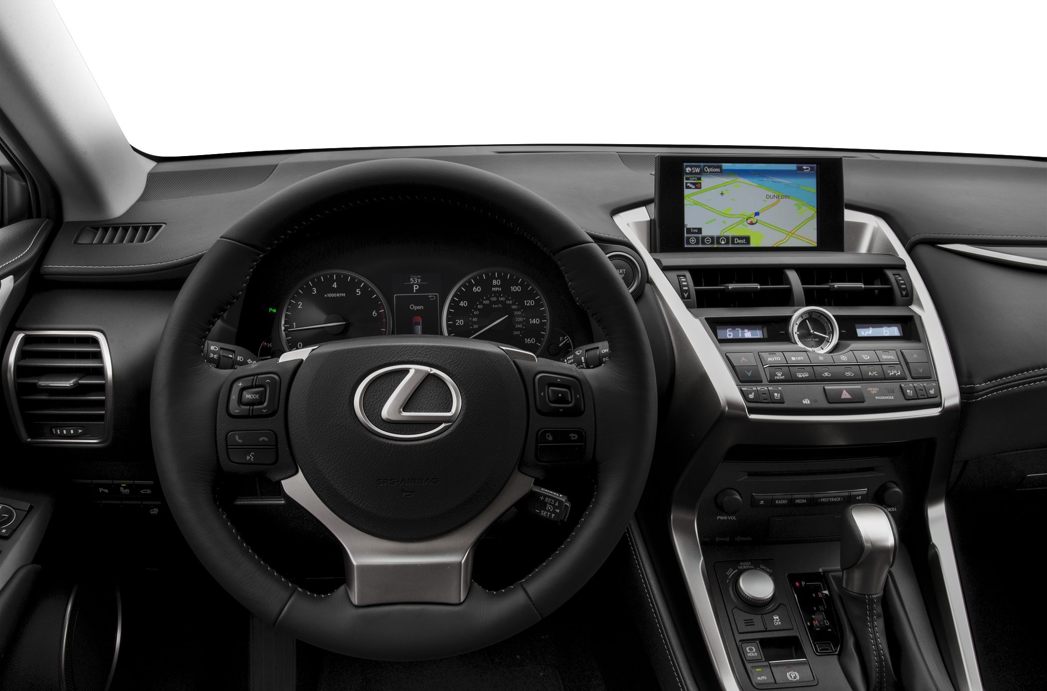 Dashboard, steering wheel, and infotainment system with navigation display