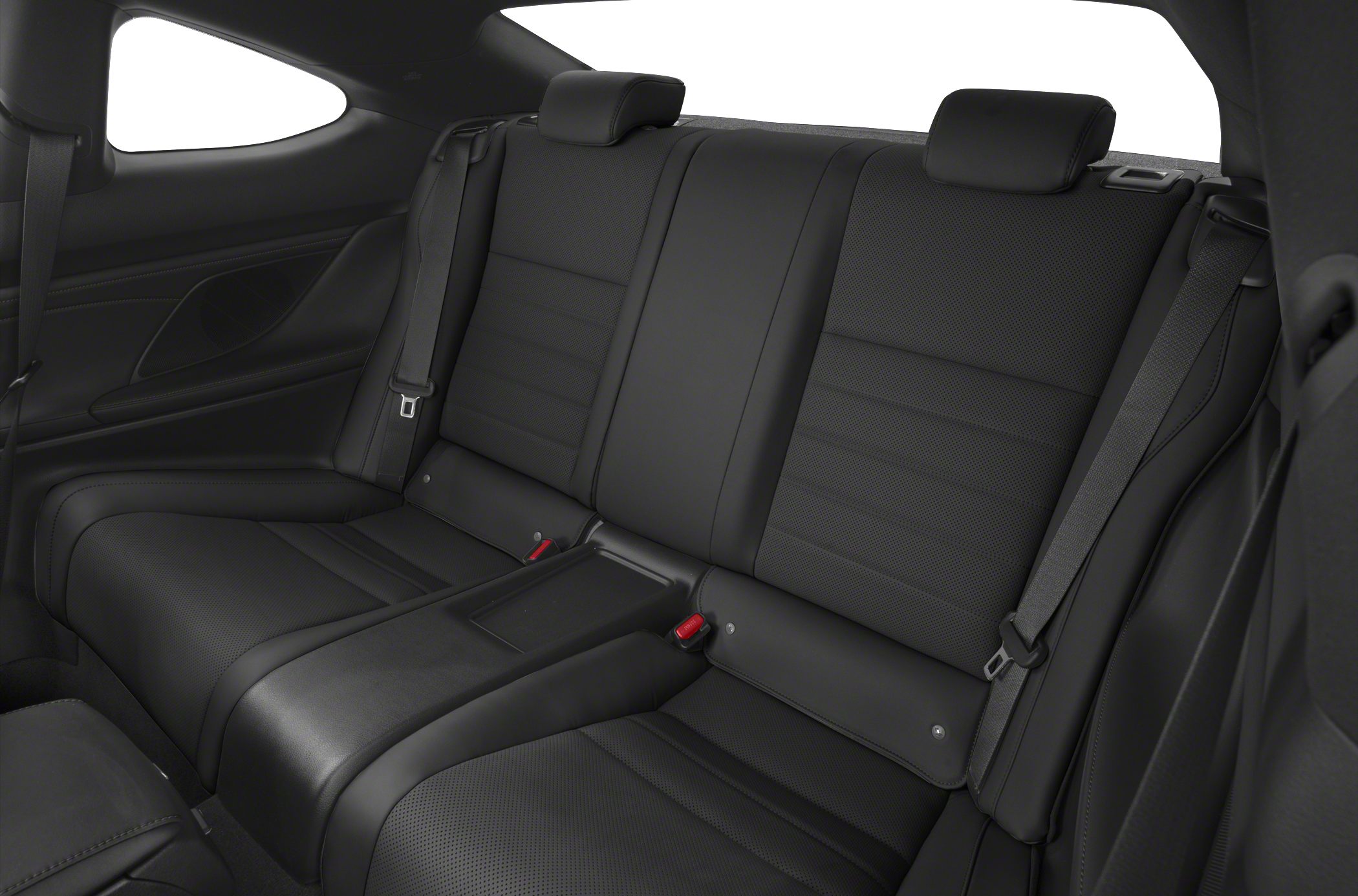 Black leather rear seats with seatbelts and headrests in coupe interior
