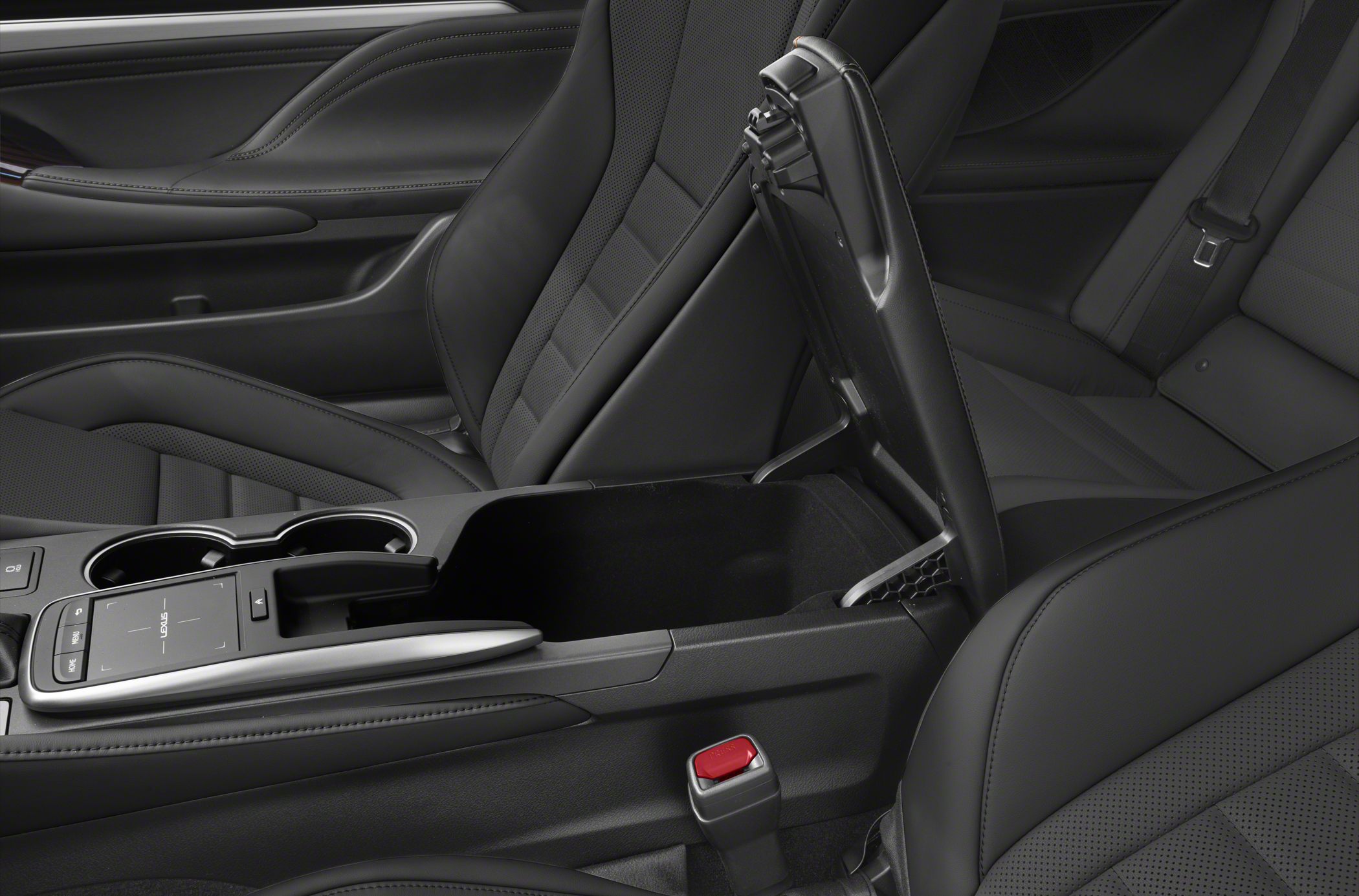 Center console storage compartment and leather seats with stitching