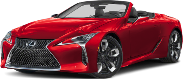 Close-up of front grille and sharp LED headlights on a red convertible