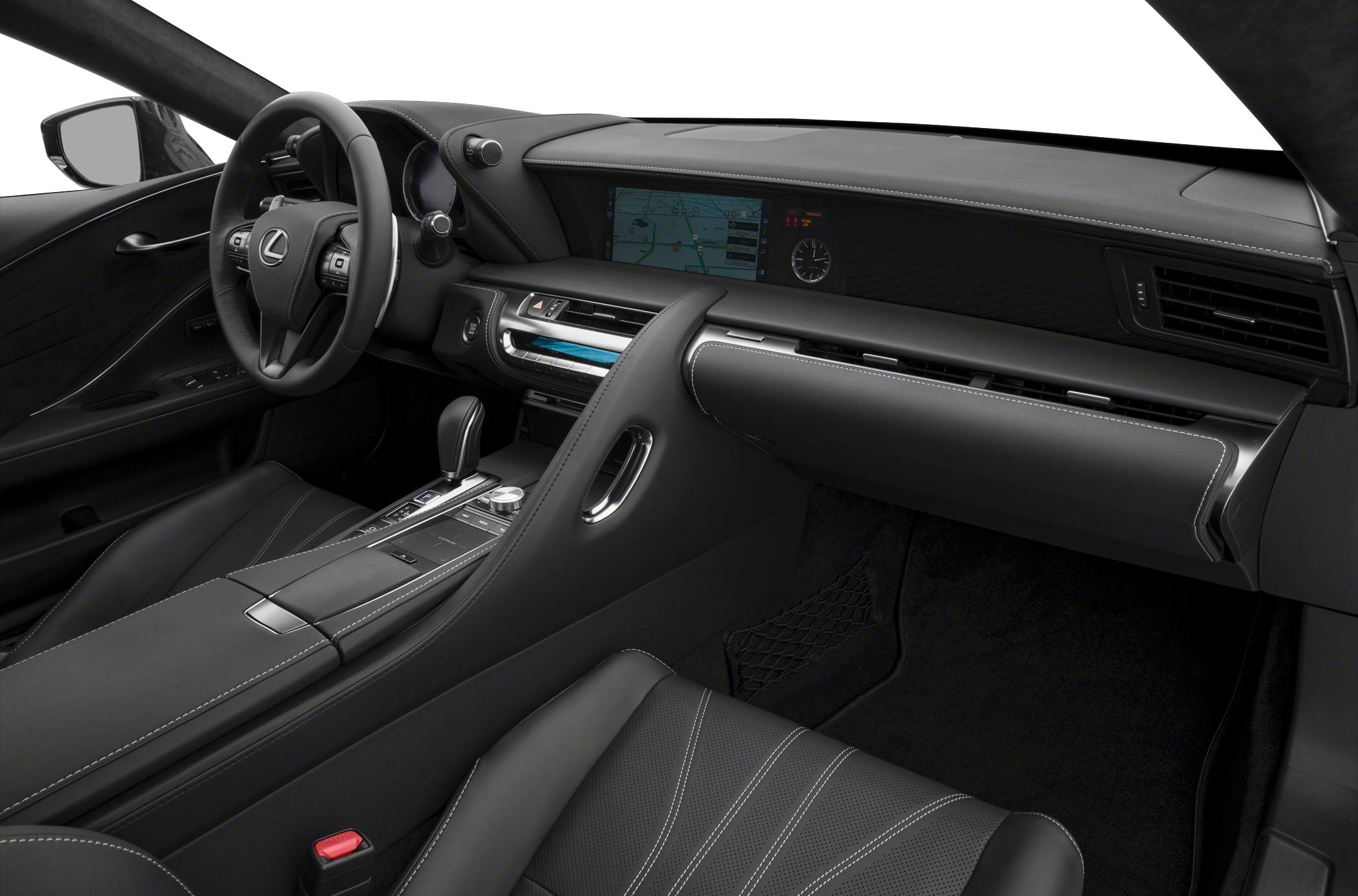 Luxury convertible interior with dashboard, navigation screen, and steering wheel