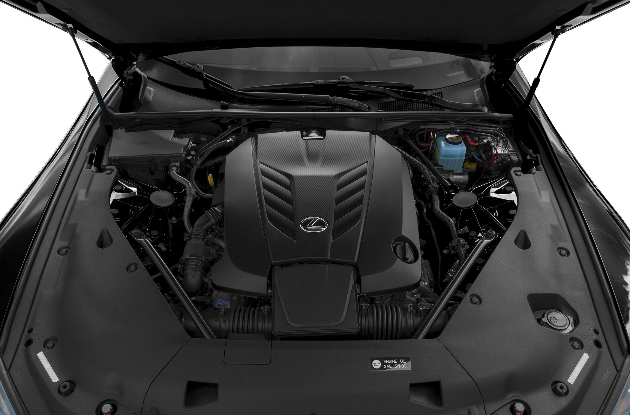 Engine bay showing modern design with branded engine cover and component layout