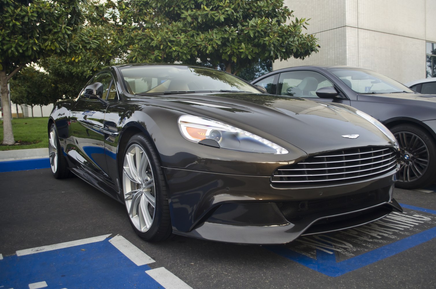 Front grille and sleek headlights of a luxury sports car
