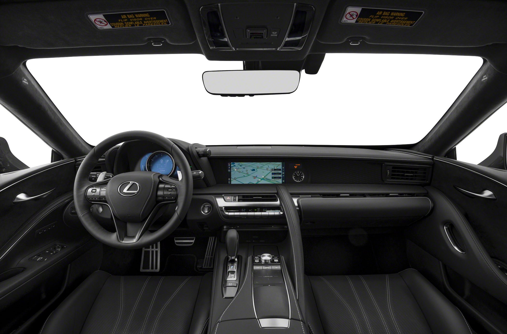Dashboard with digital display, steering wheel, and center console in black leather
