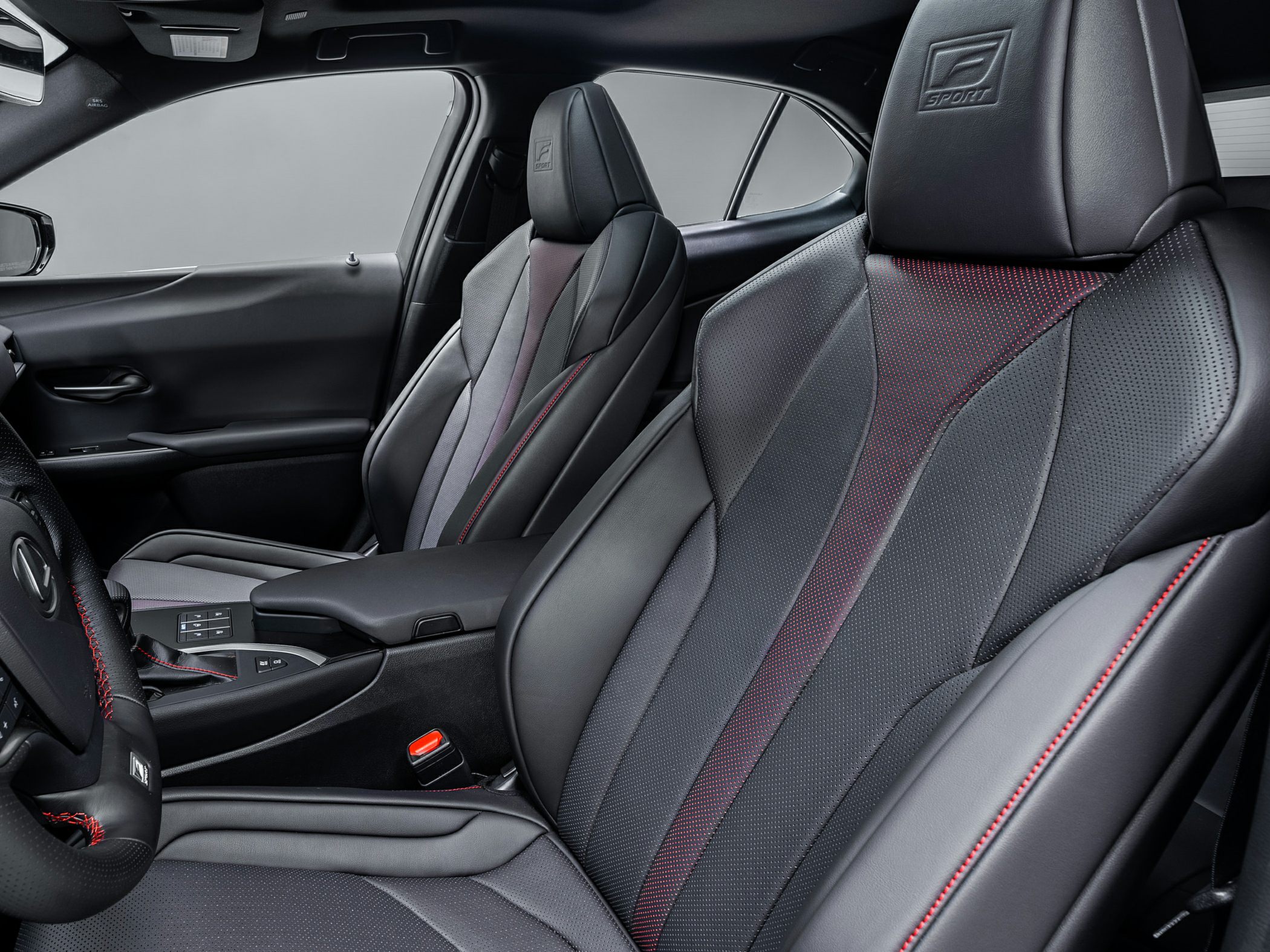 Leather F Sport seats with red stitching and sporty design