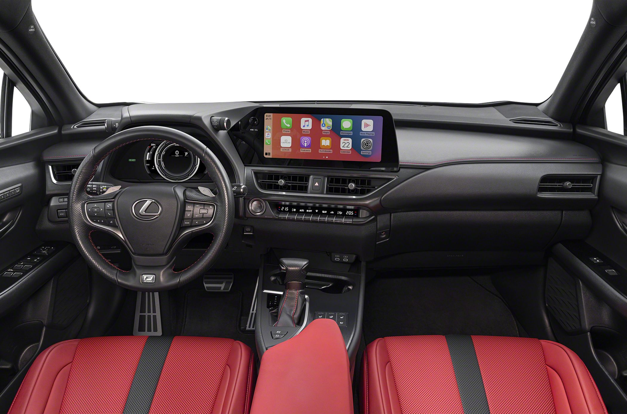 Digital dashboard, infotainment screen, red leather seats, steering wheel controls