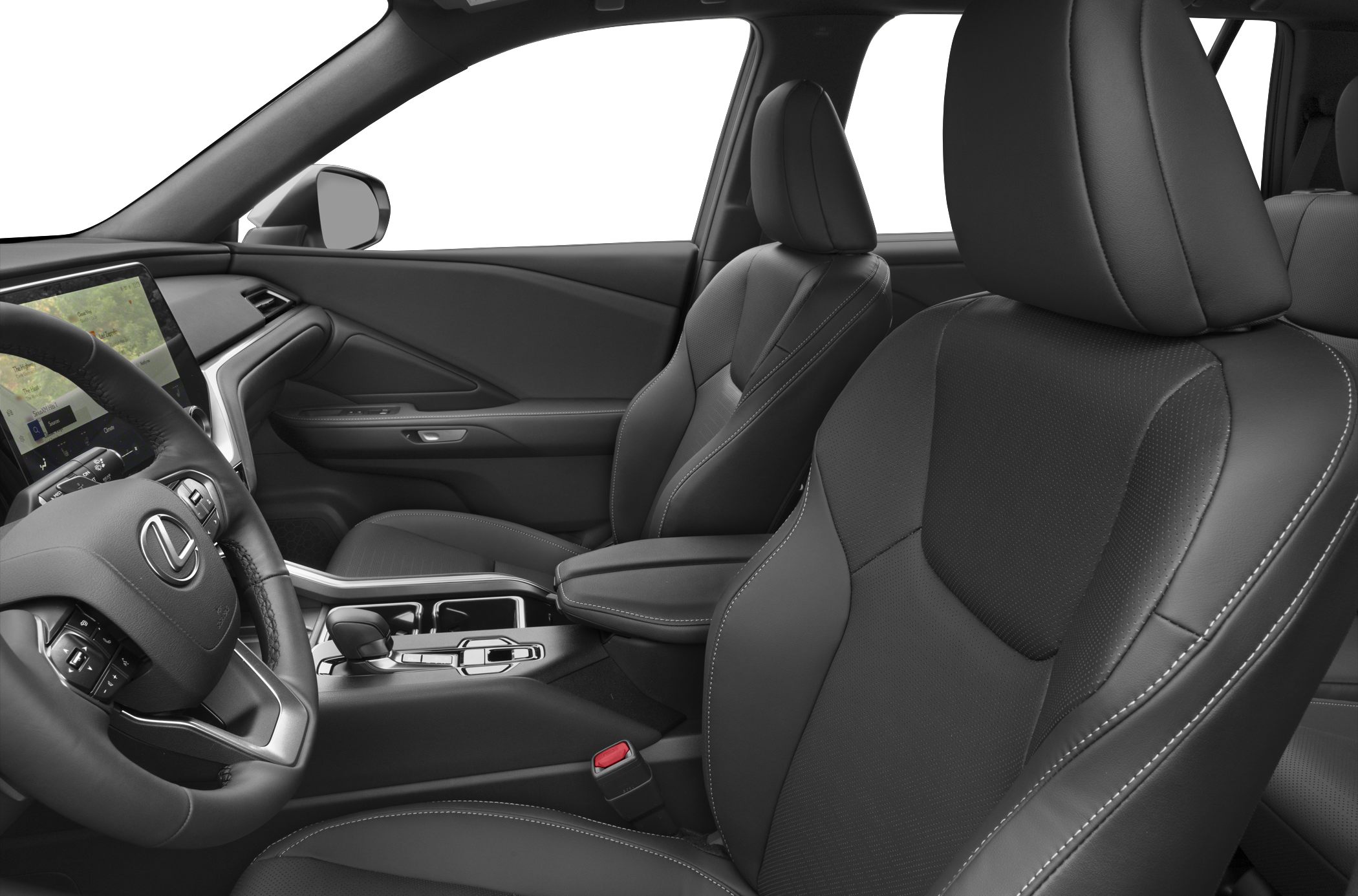 Leather front seats and advanced infotainment screen in modern cabin