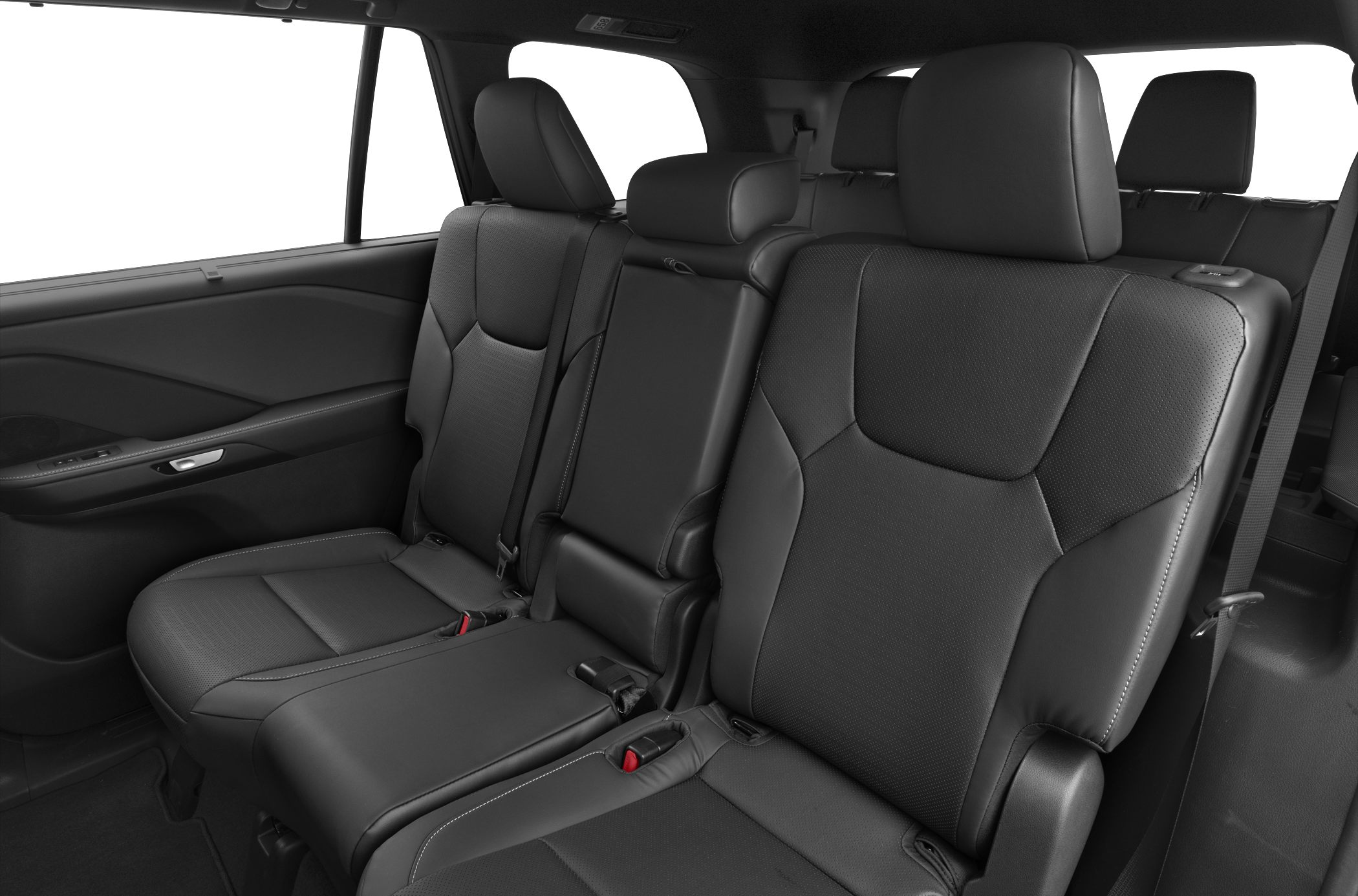 Rear black leather seats with headrests and armrest in a luxury vehicle