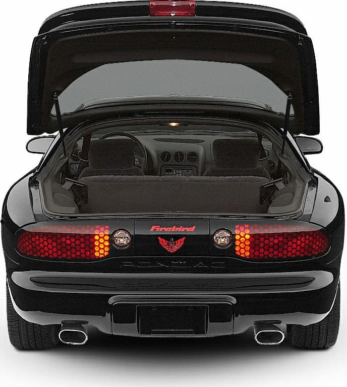 Rear hatchback open with tail lights and dual exhaust