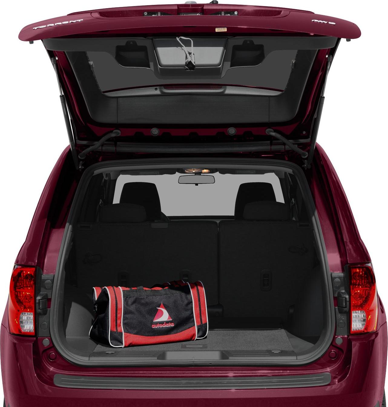 Open rear hatch showing spacious cargo area with a duffel bag inside