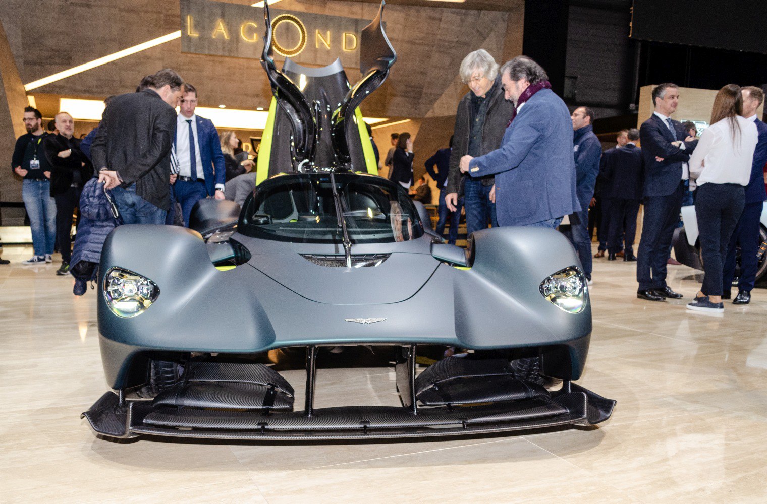 Front view of 2020 hypercar with aerodynamic body and distinctive headlights