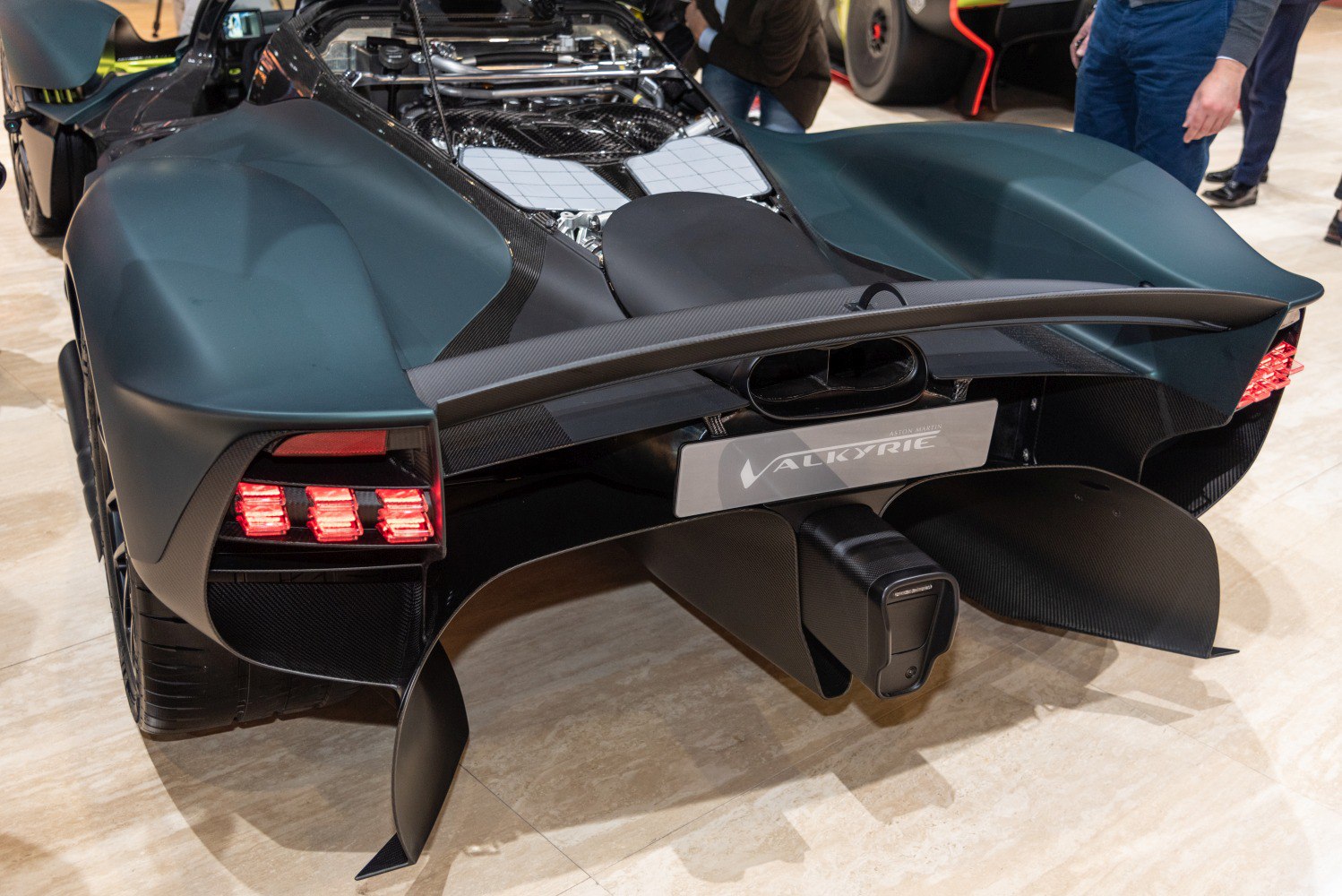 Rear aerodynamic features with distinctive tail lights and carbon fiber elements