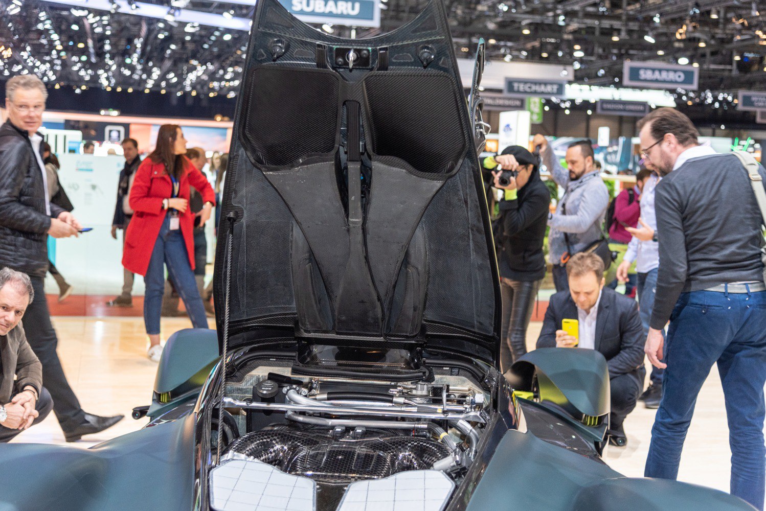 Open hood displaying engine bay and carbon fiber components