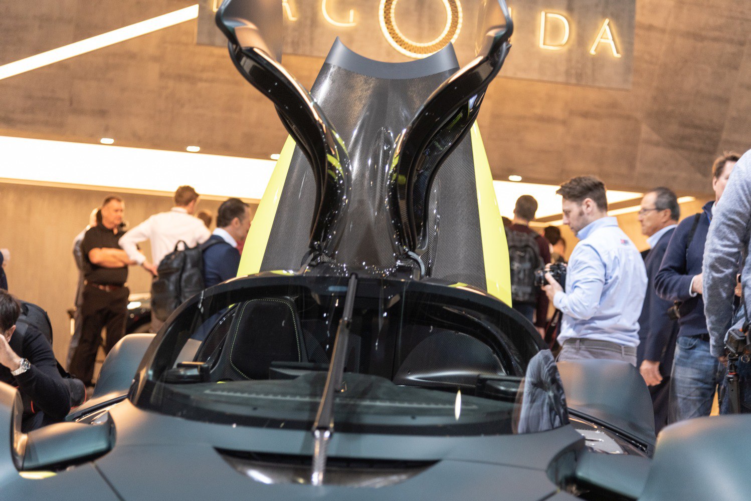 Open butterfly doors and carbon fiber hood of a high-performance supercar