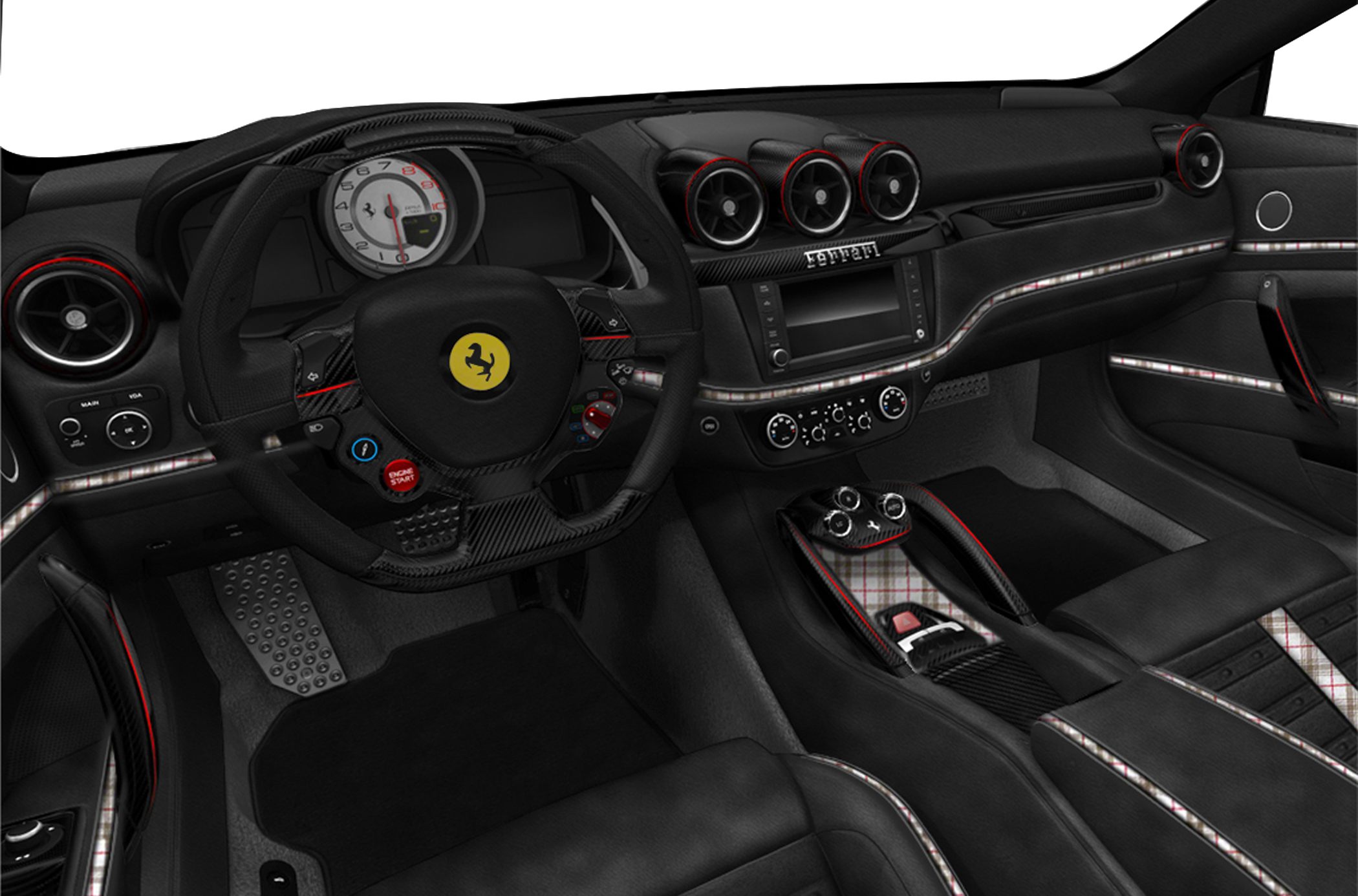 Sports car interior with steering wheel and advanced dashboard
