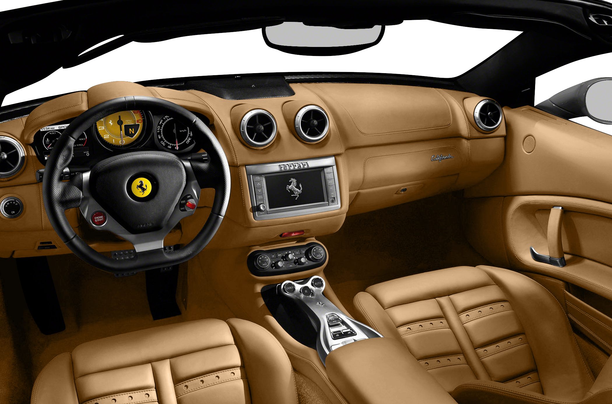 Tan leather interior with Ferrari dashboard and steering wheel