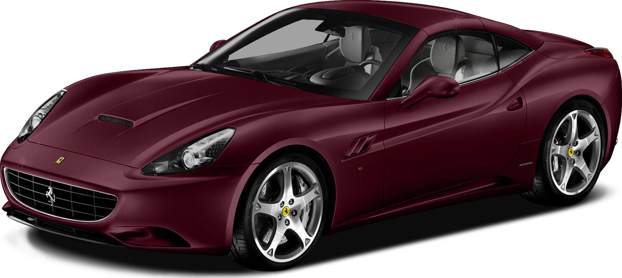 Front and side view of a burgundy luxury coupe with distinctive rims