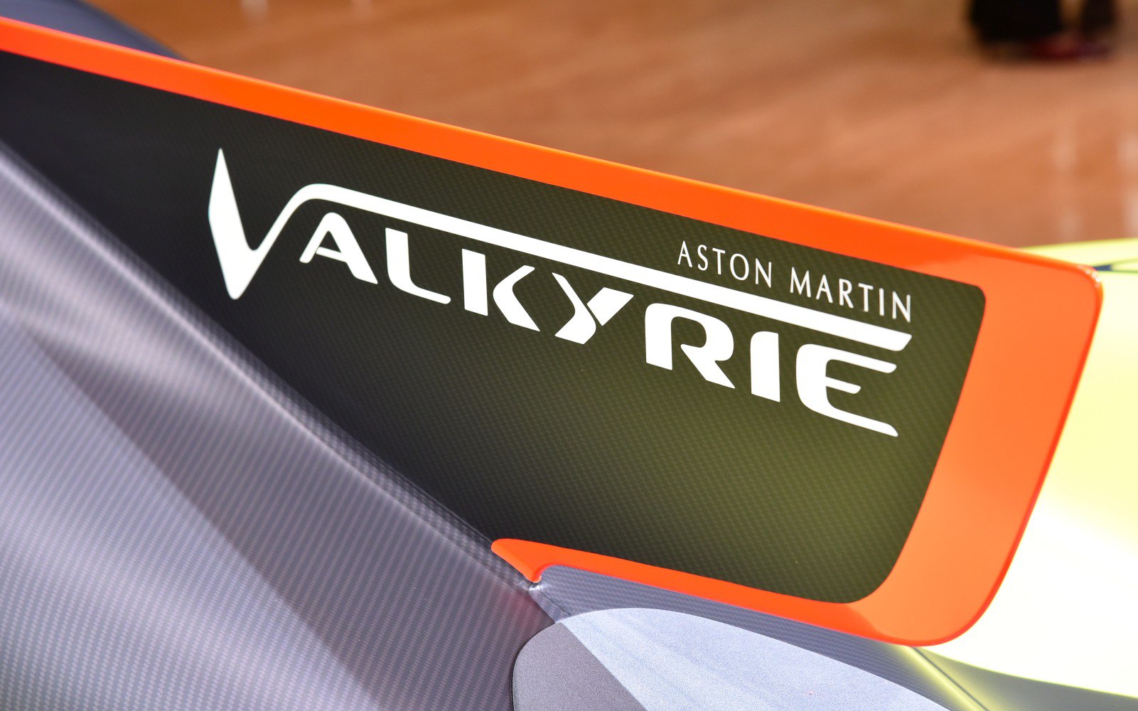 Carbon fiber rear wing with Aston Martin Valkyrie AMR Pro branding