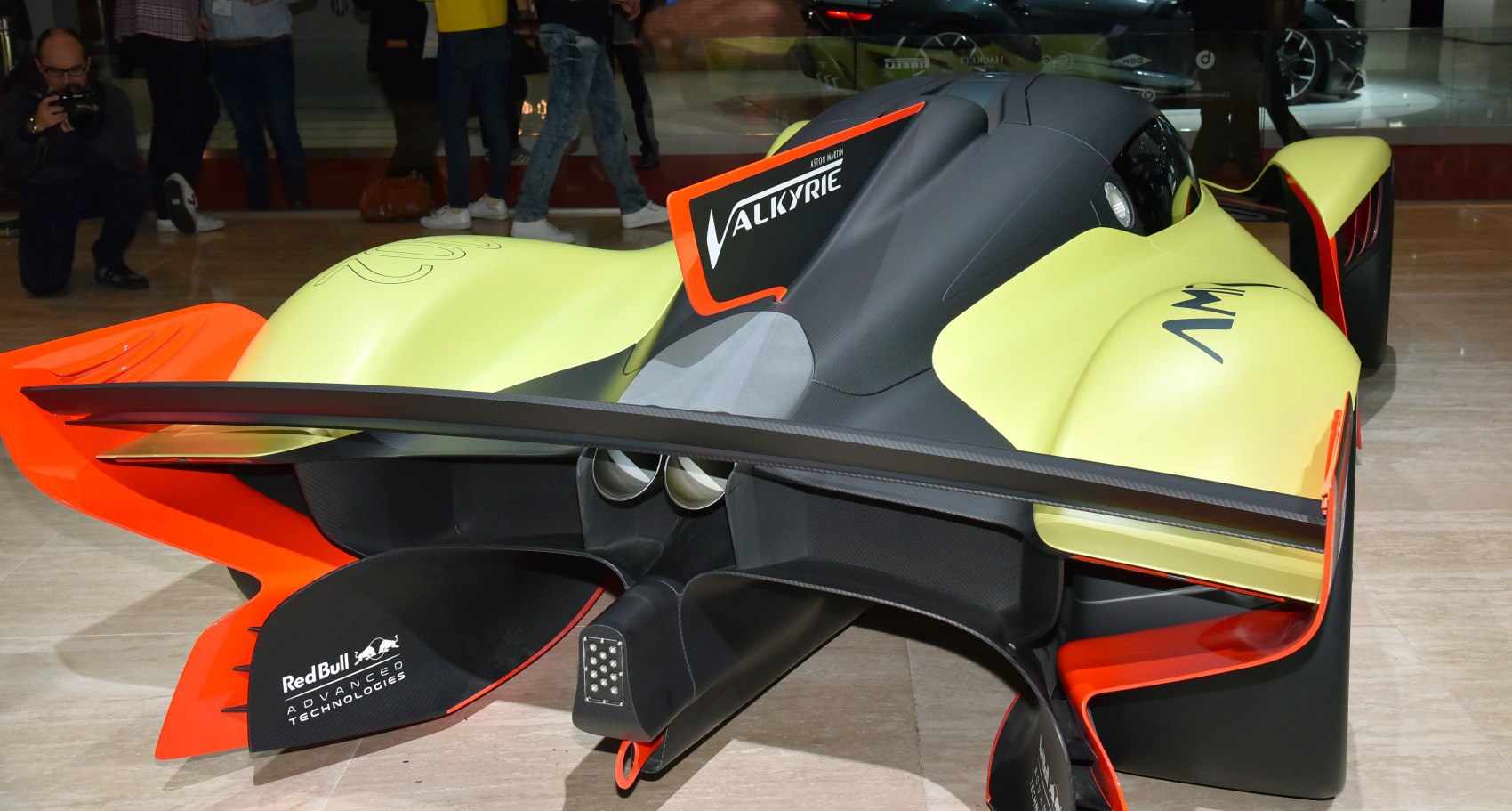 Rear aerodynamic features and central twin exhaust of a high-performance car