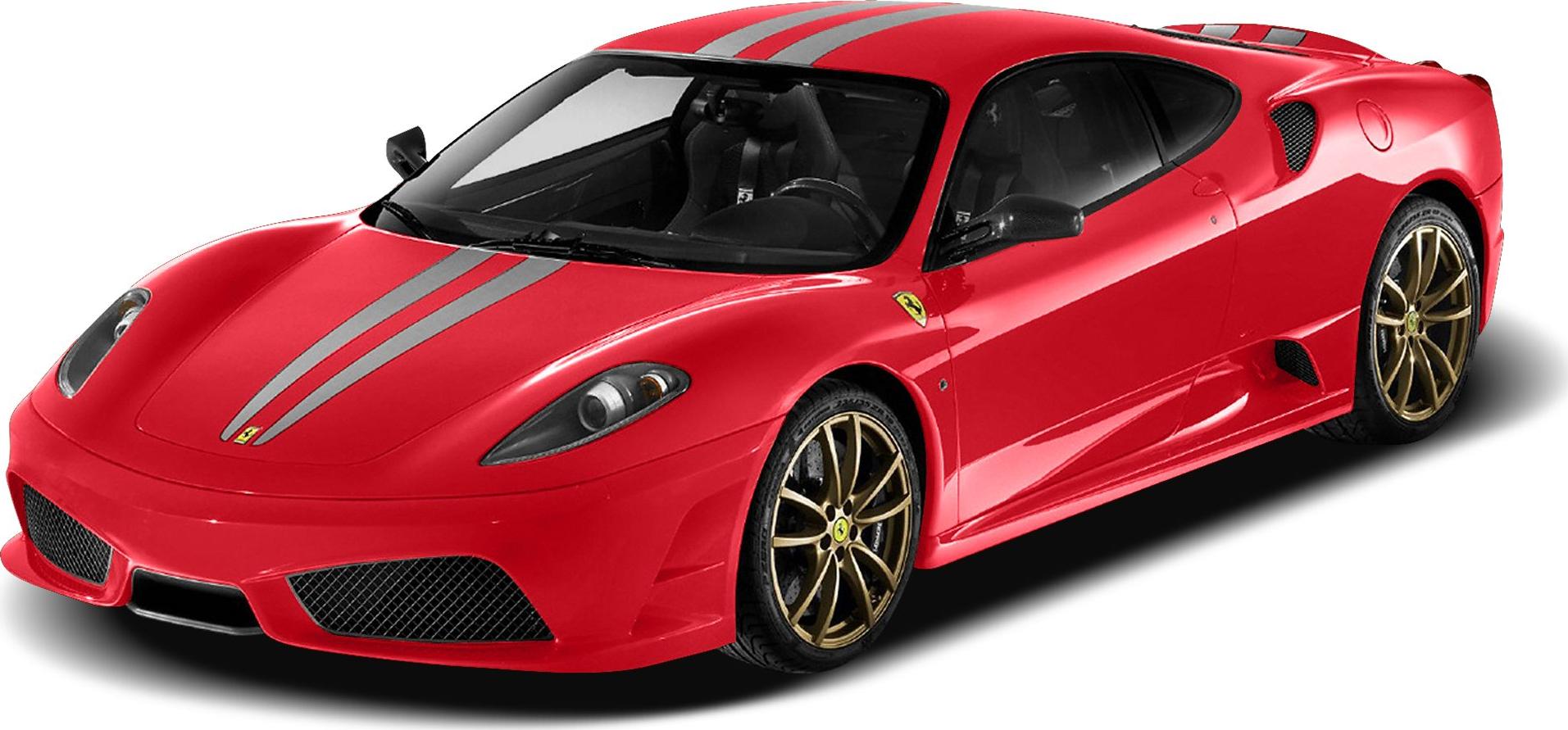 Red coupe with silver racing stripes and gold wheels