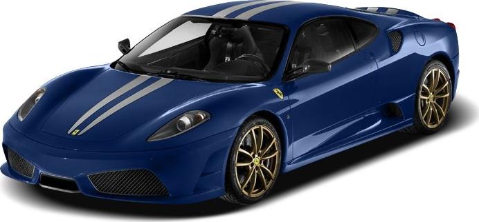Blue sports car with racing stripes and gold alloy wheels
