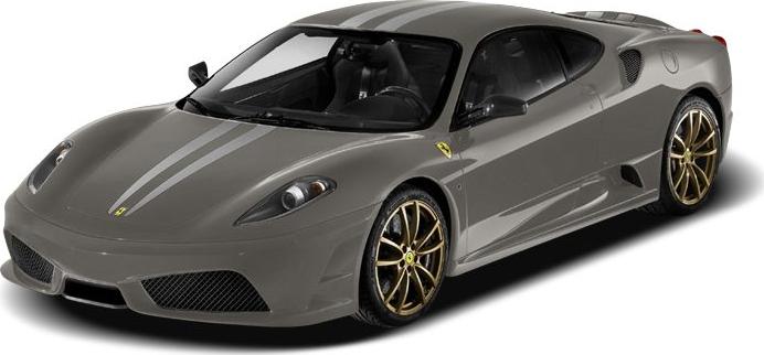 Gray sports coupe with racing stripe and gold alloy wheels front angle