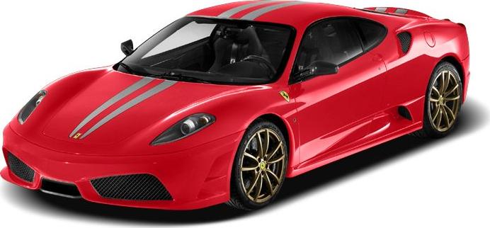 Red sports coupe with silver racing stripes and gold rims.