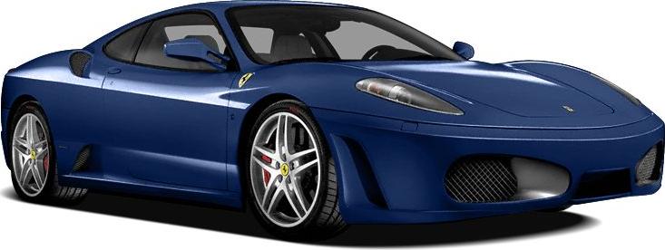 Blue sports coupe front side view with aerodynamic design and alloy wheels