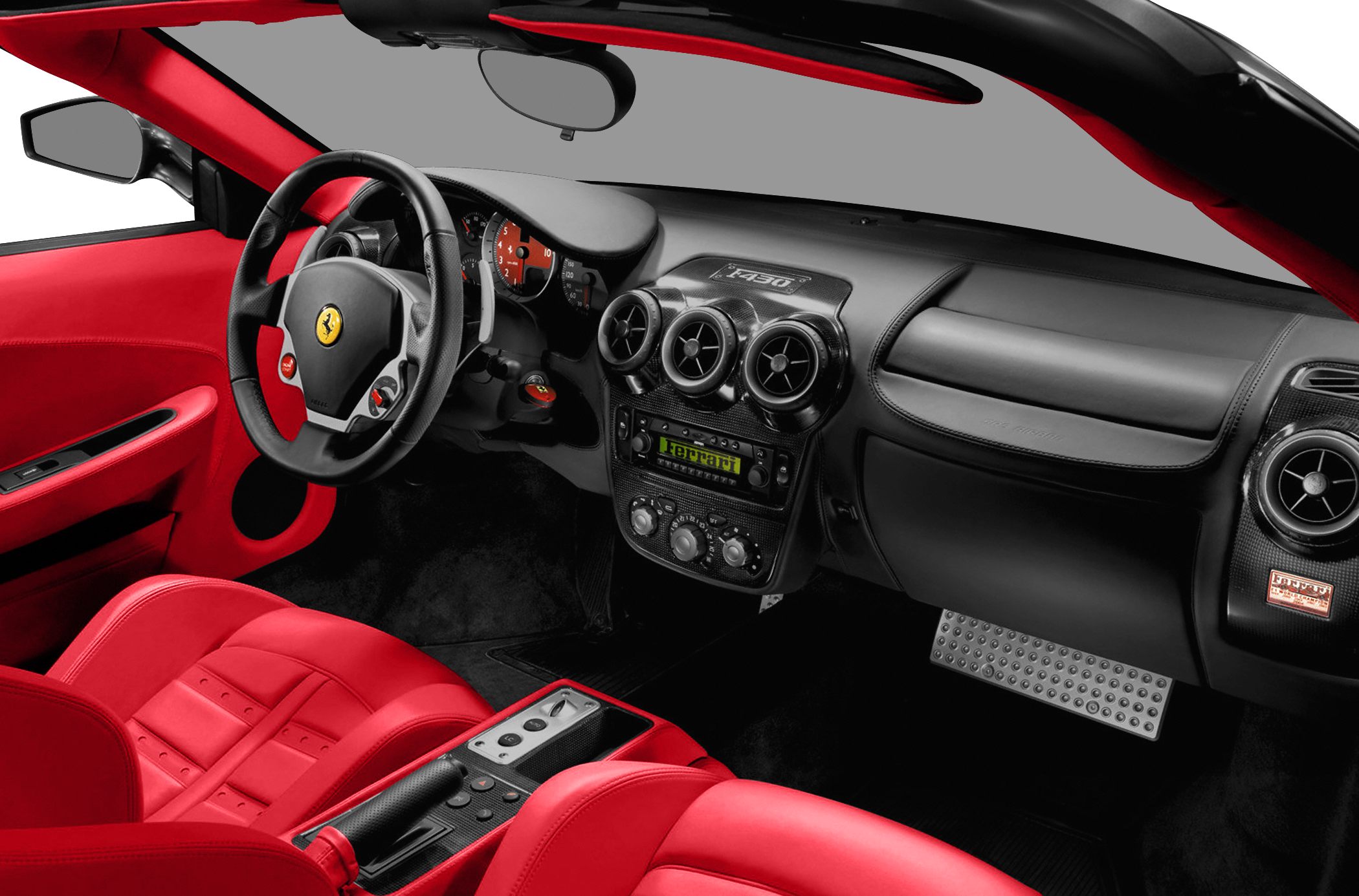Sports car interior with distinctive dashboard and steering wheel