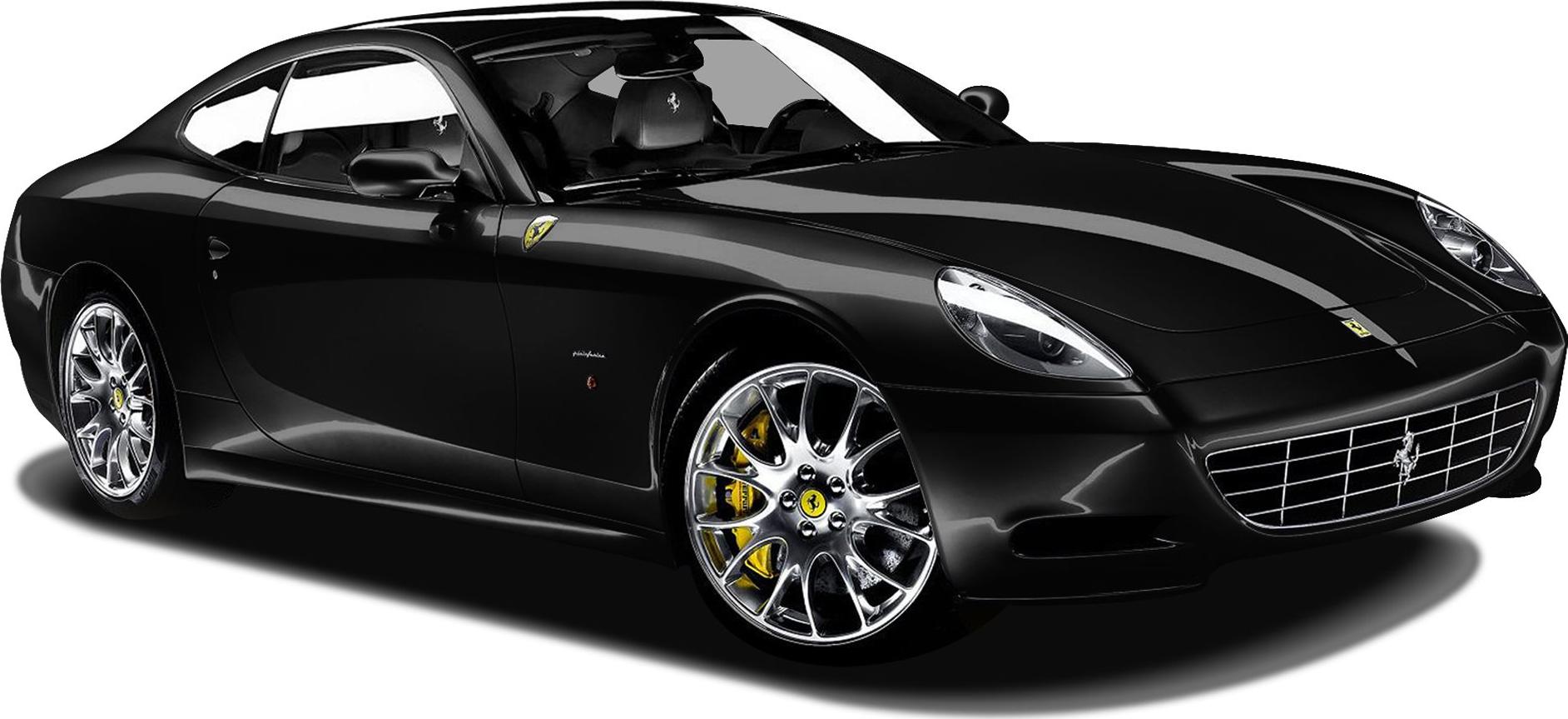 Front and side profile of a sleek black coupe with chrome alloy wheels