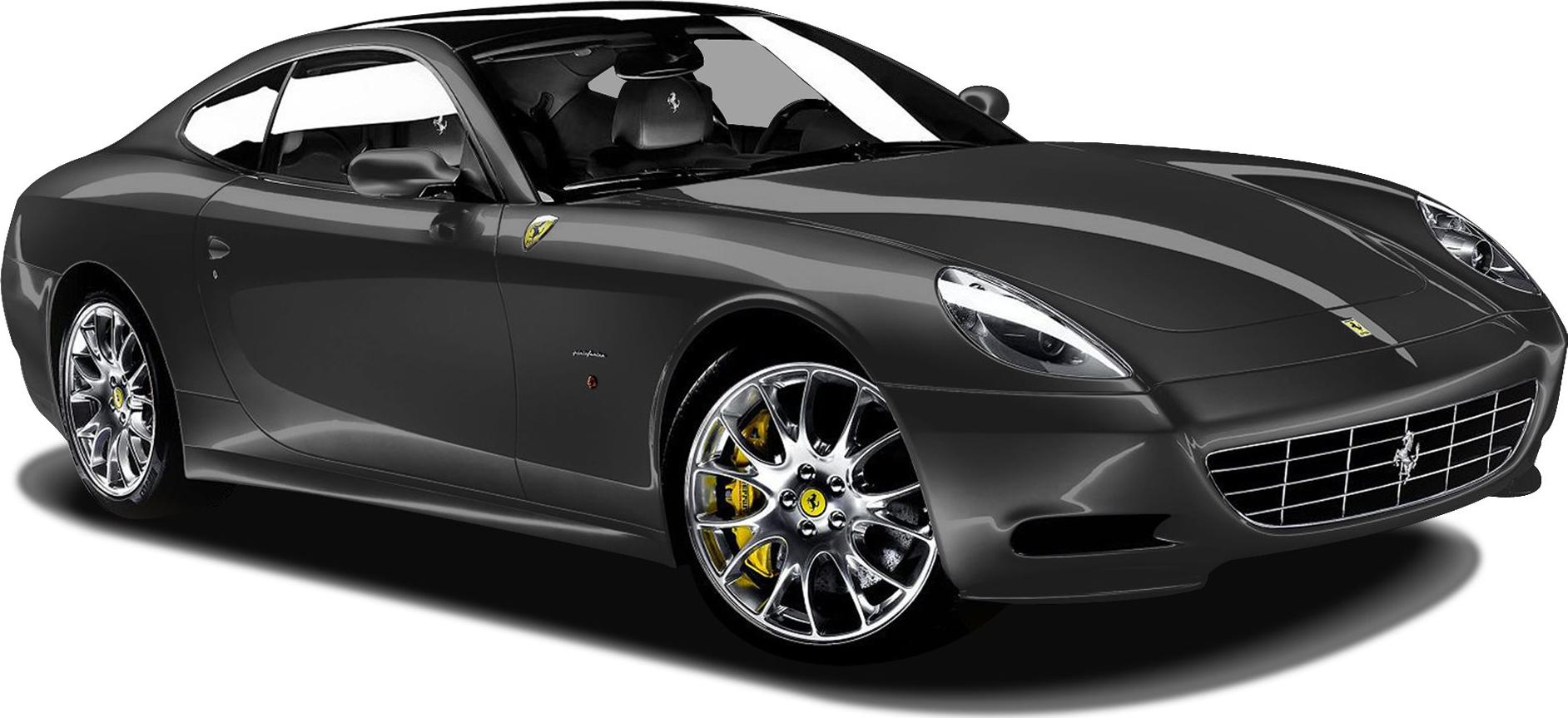 Dark grey luxury coupe with distinctive grille, chrome wheels, and yellow brake calipers