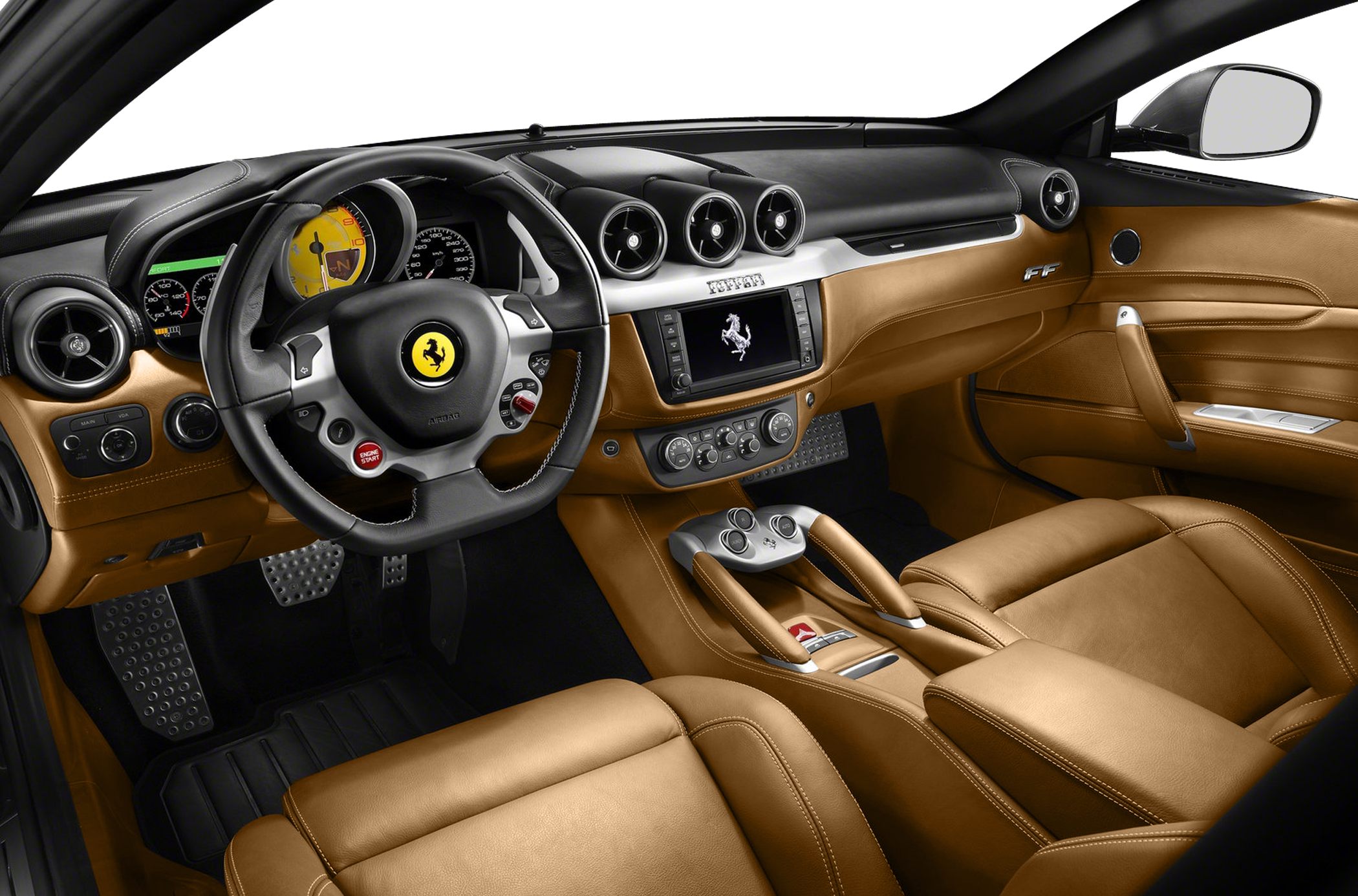 Luxury brown leather seats, advanced dashboard, sporty steering wheel