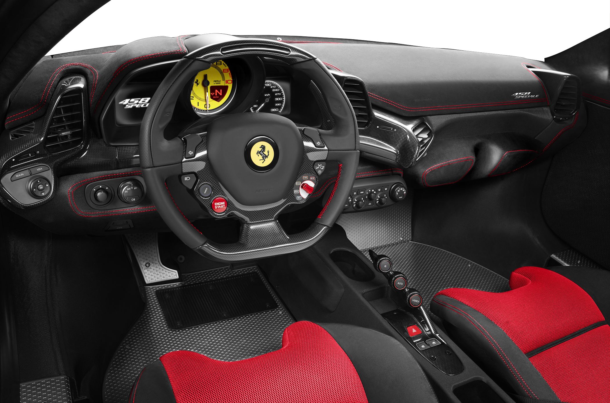 Carbon fiber steering wheel, red racing seats, detailed dashboard