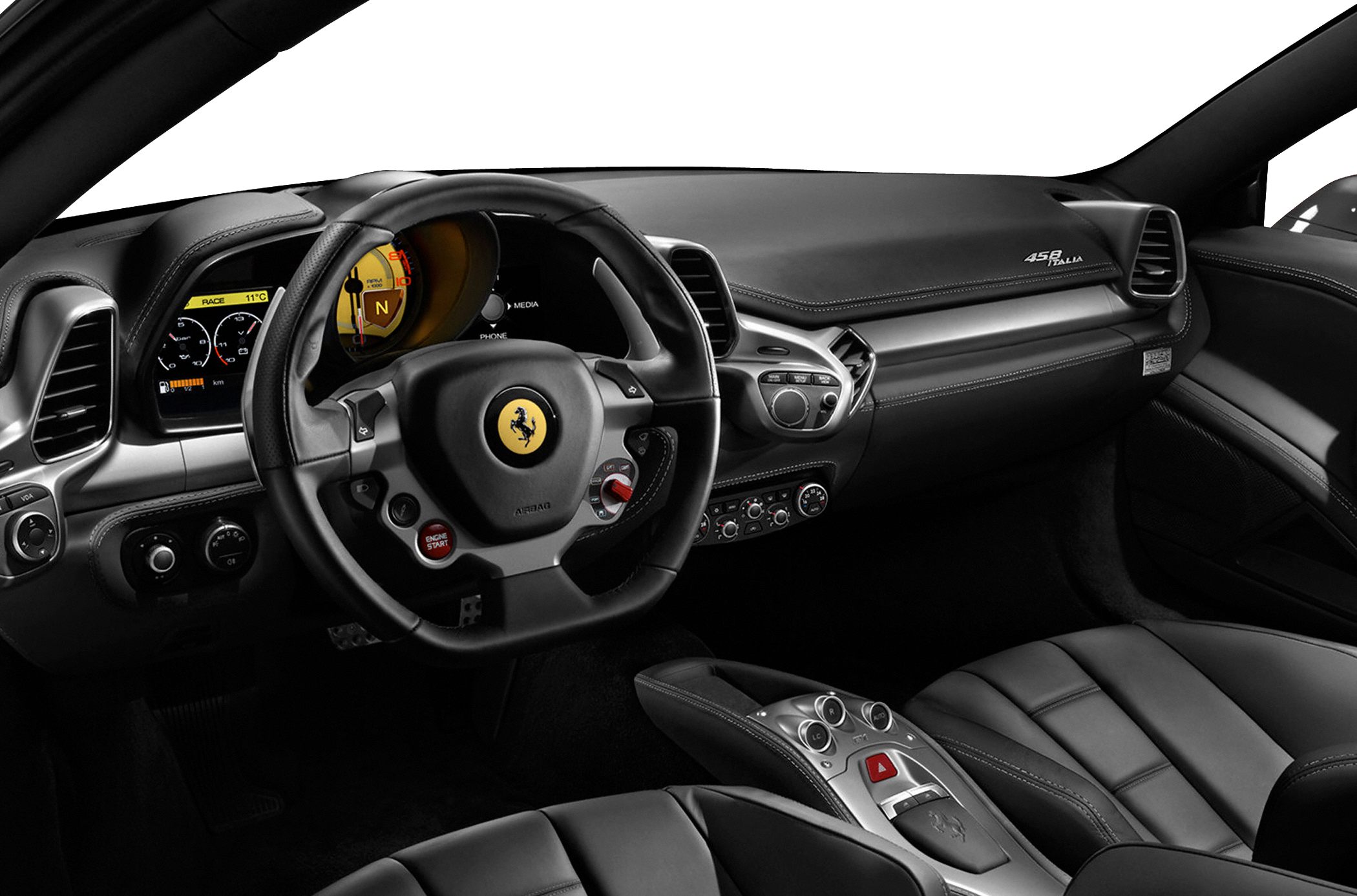 Sports car steering wheel and dashboard with controls and digital displays