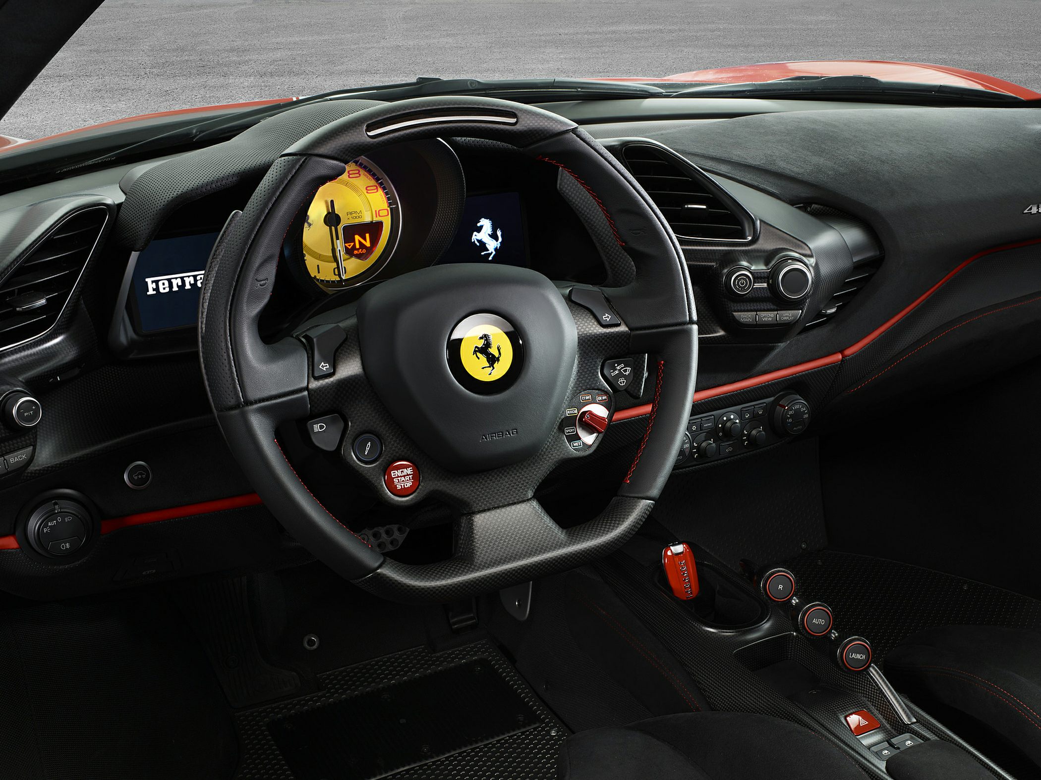Steering wheel and digital instrument cluster with carbon fiber details