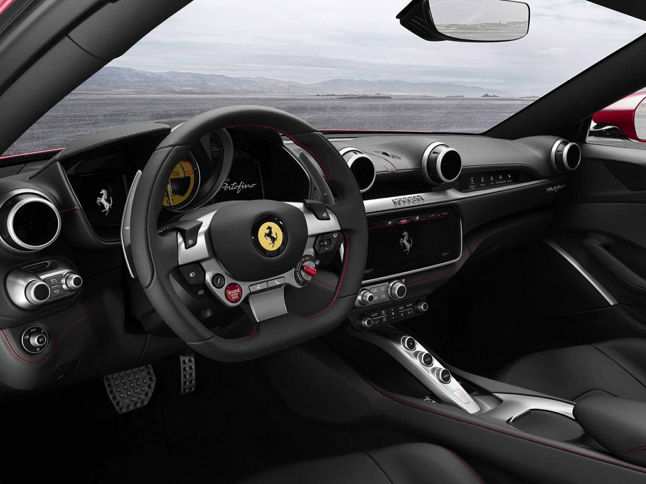 Steering wheel, digital dashboard, center console interior