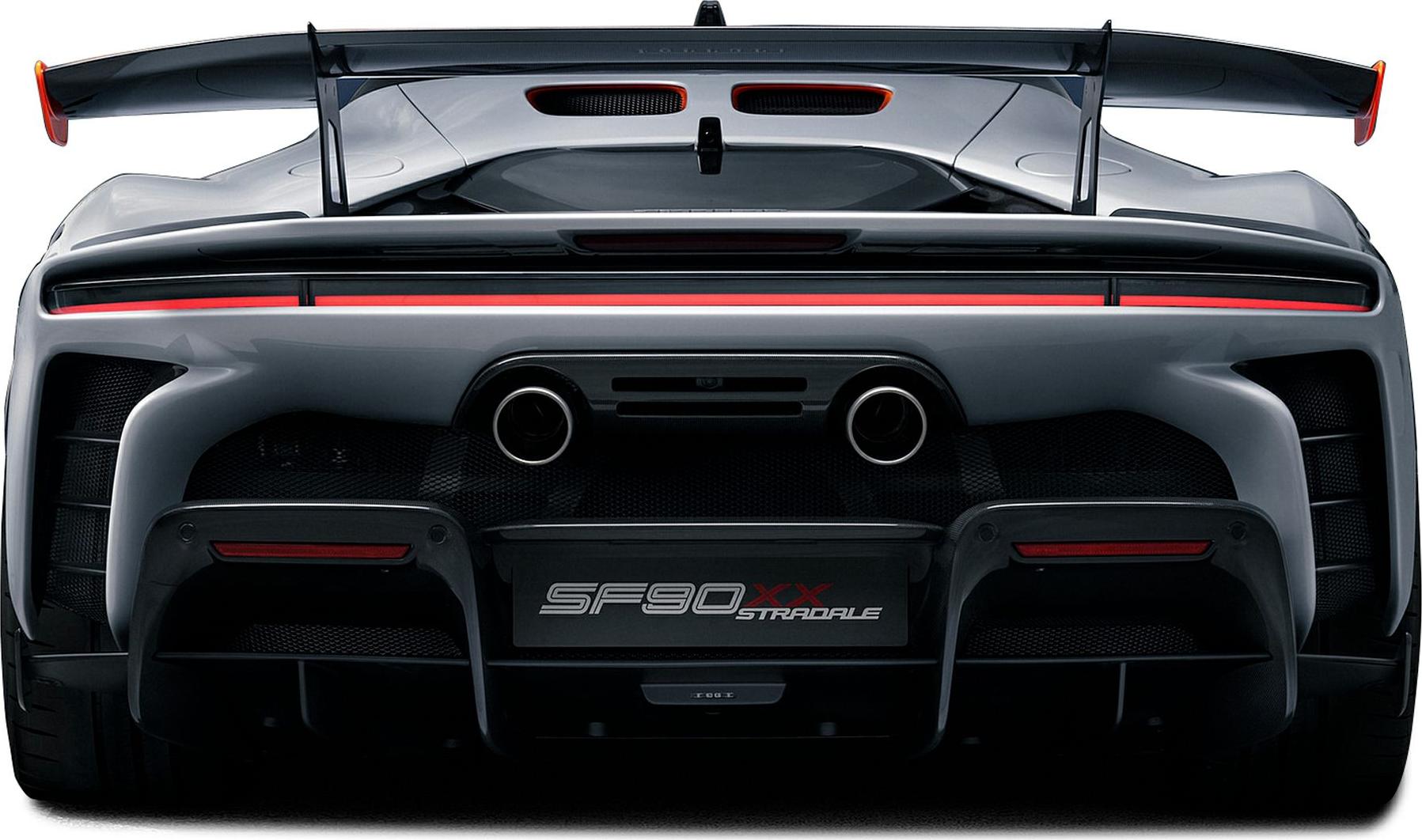 Rear view of sports car with dual exhausts and large aerodynamic rear wing